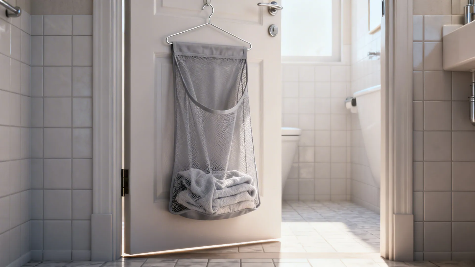Breathable mesh laundry bag hanging behind a bathroom door with towels inside.