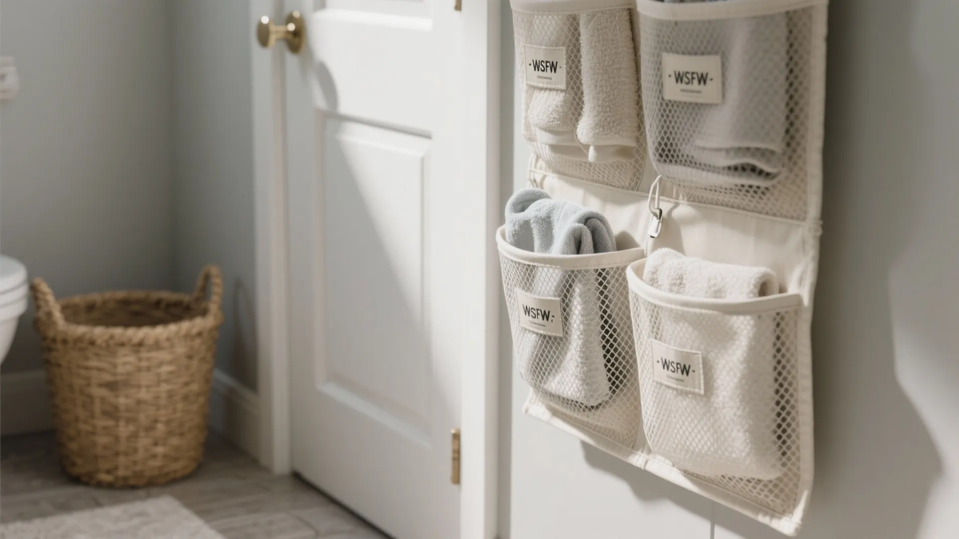 Hanging mesh storage bag with pockets for towels on white door near a wicker basket