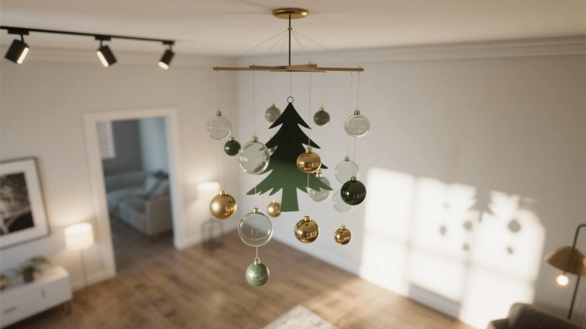 Interior view showing a hanging holiday decoration with green tree shape and gold glass ball ornaments