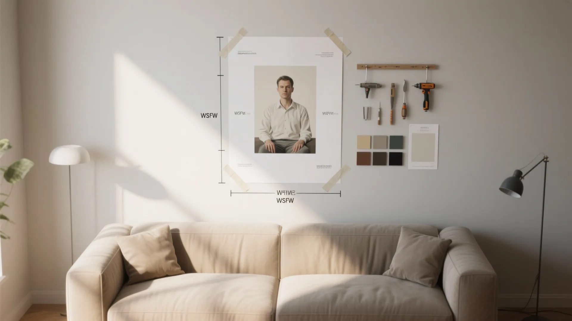 Beige sofa with large wall poster mockup showing measurement lines and interior design tool kit