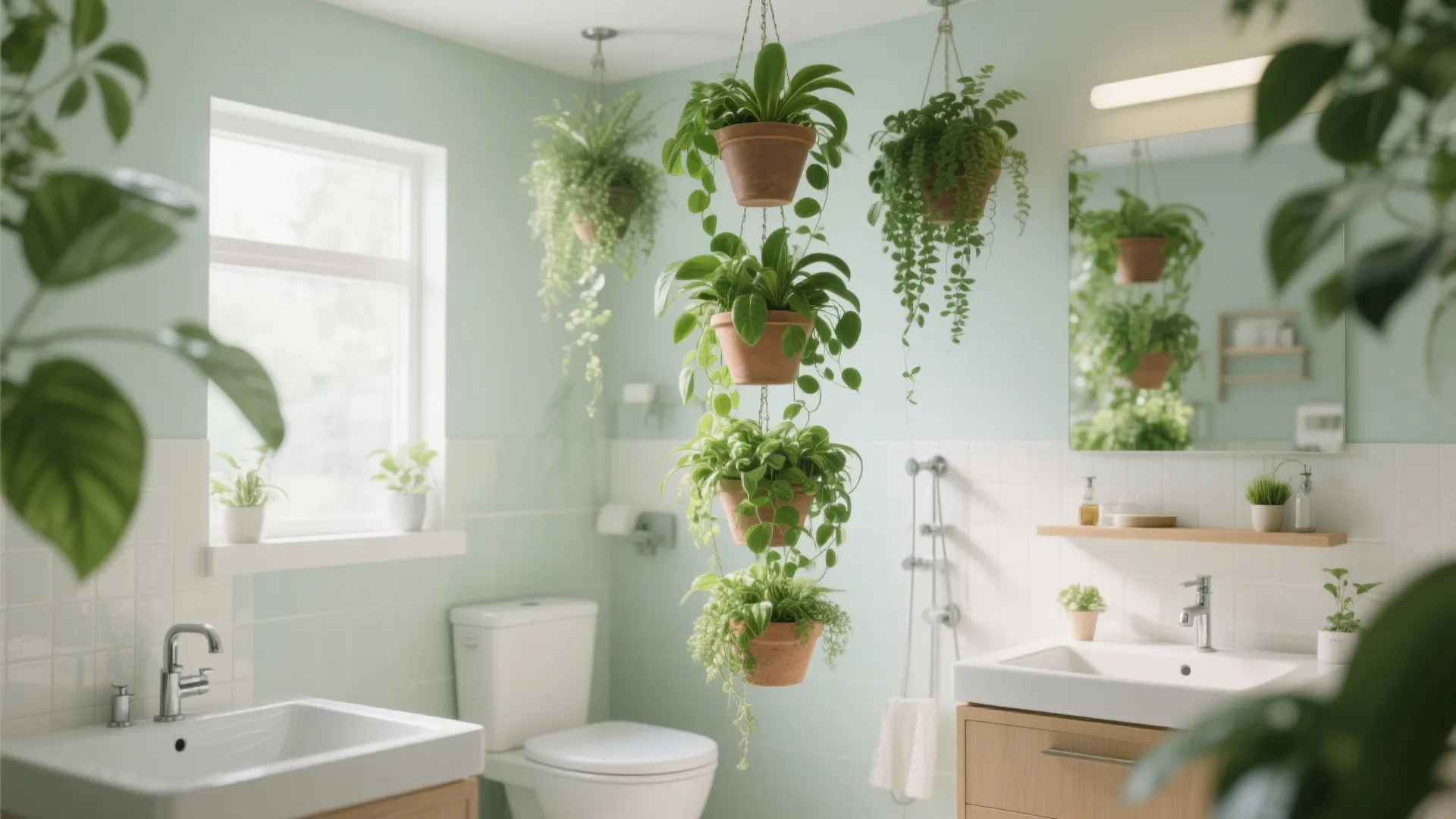 Light green bathroom with hanging plants in brown pots over a white sink and toilet