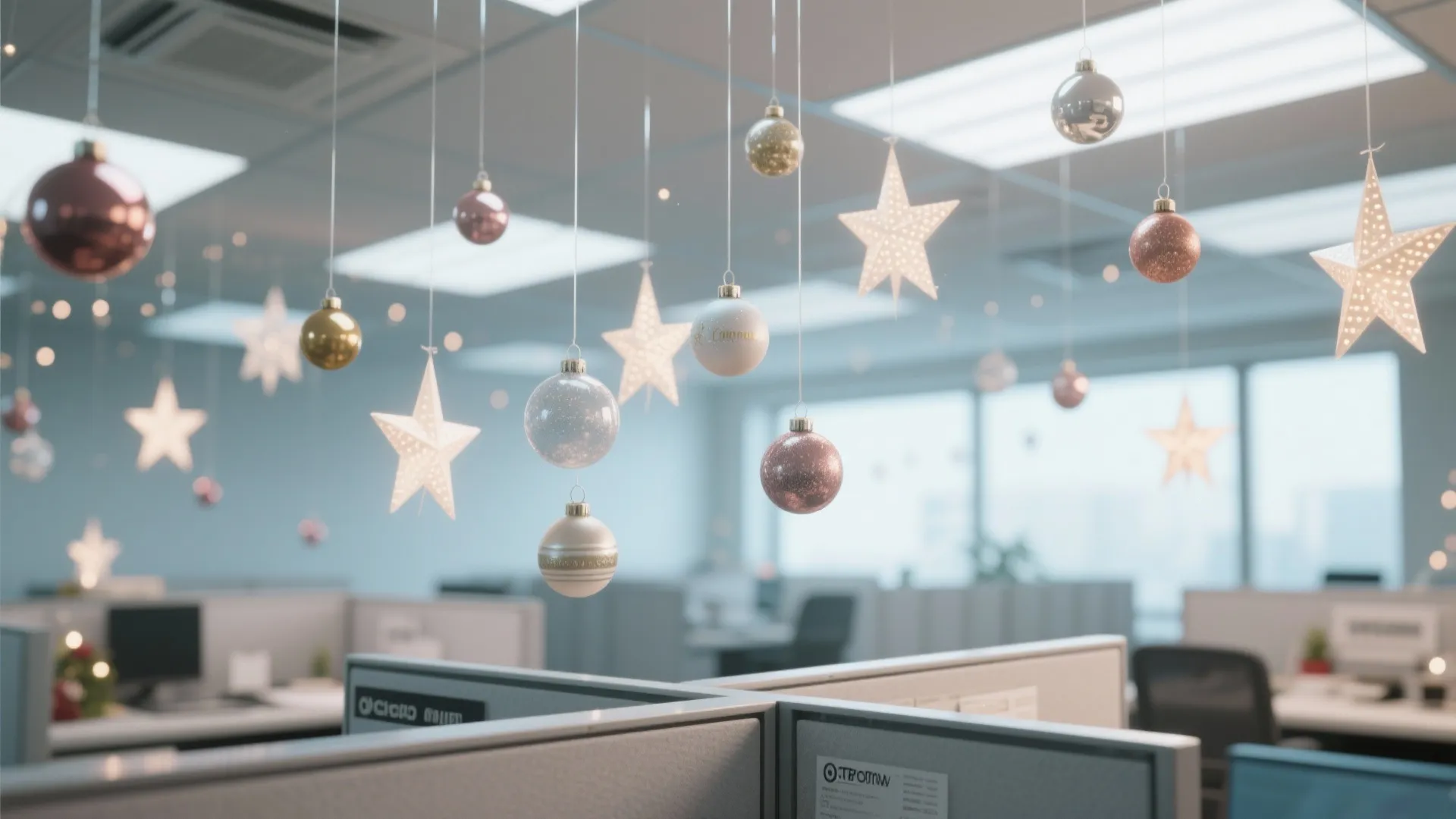 Office ceiling with hanging ball ornaments and star shapes for a festive indoor holiday atmosphere