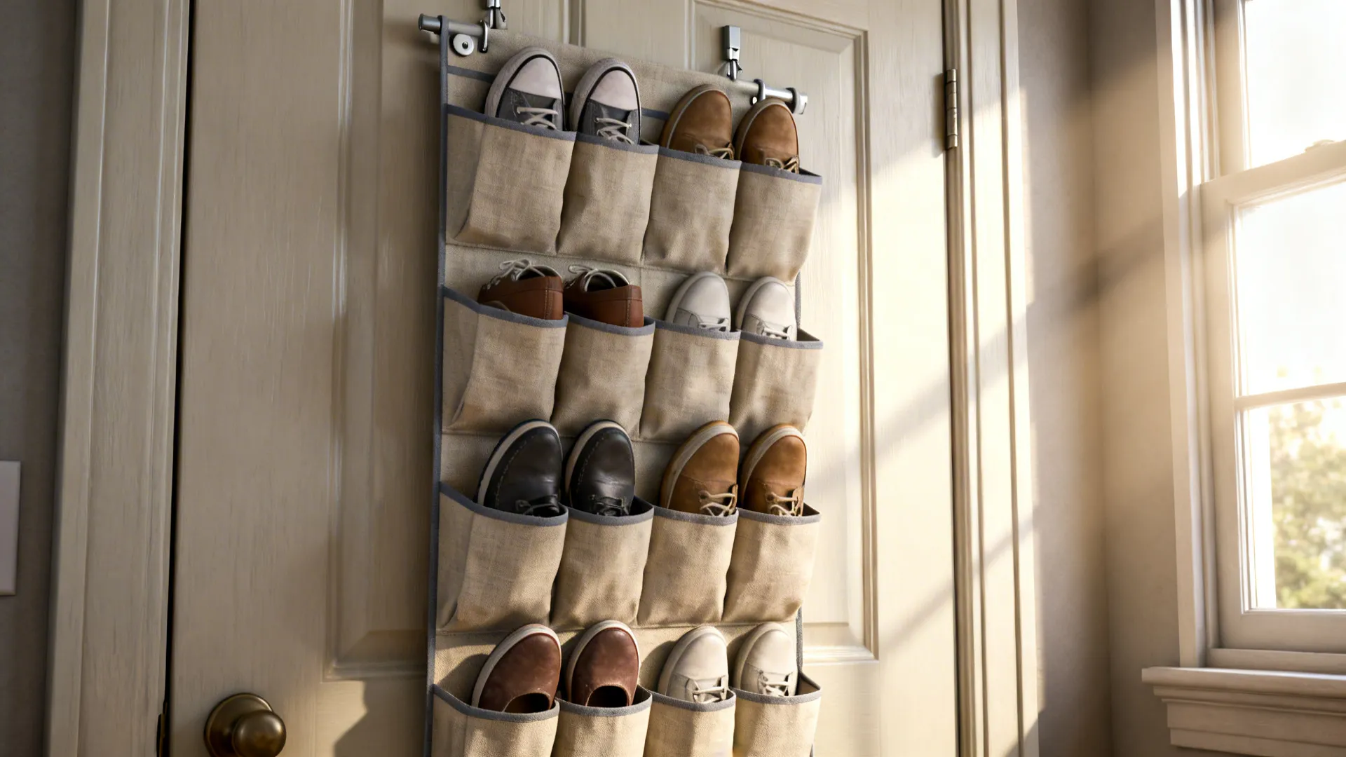 Fabric vertical hanging shoe organizer hung on a door with multiple shoes in pockets.