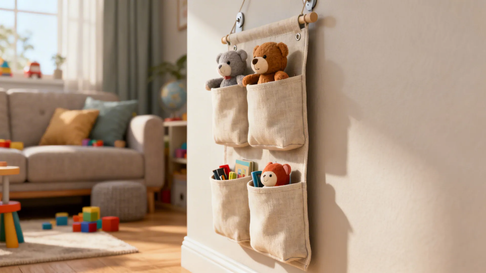 Fabric hanging organizers grouped at child height holding plush toys
