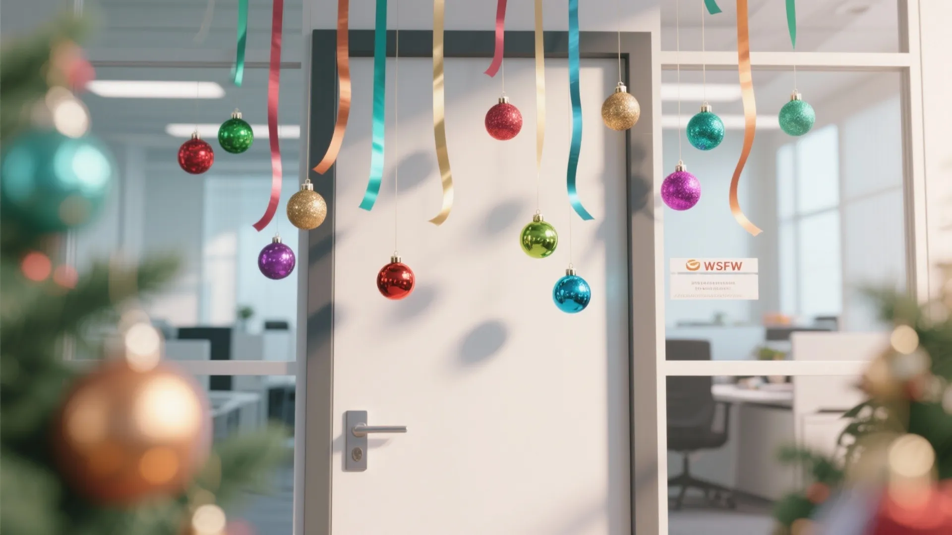 Office glass door decorated with colorful hanging round ornaments and ribbons for the holiday season