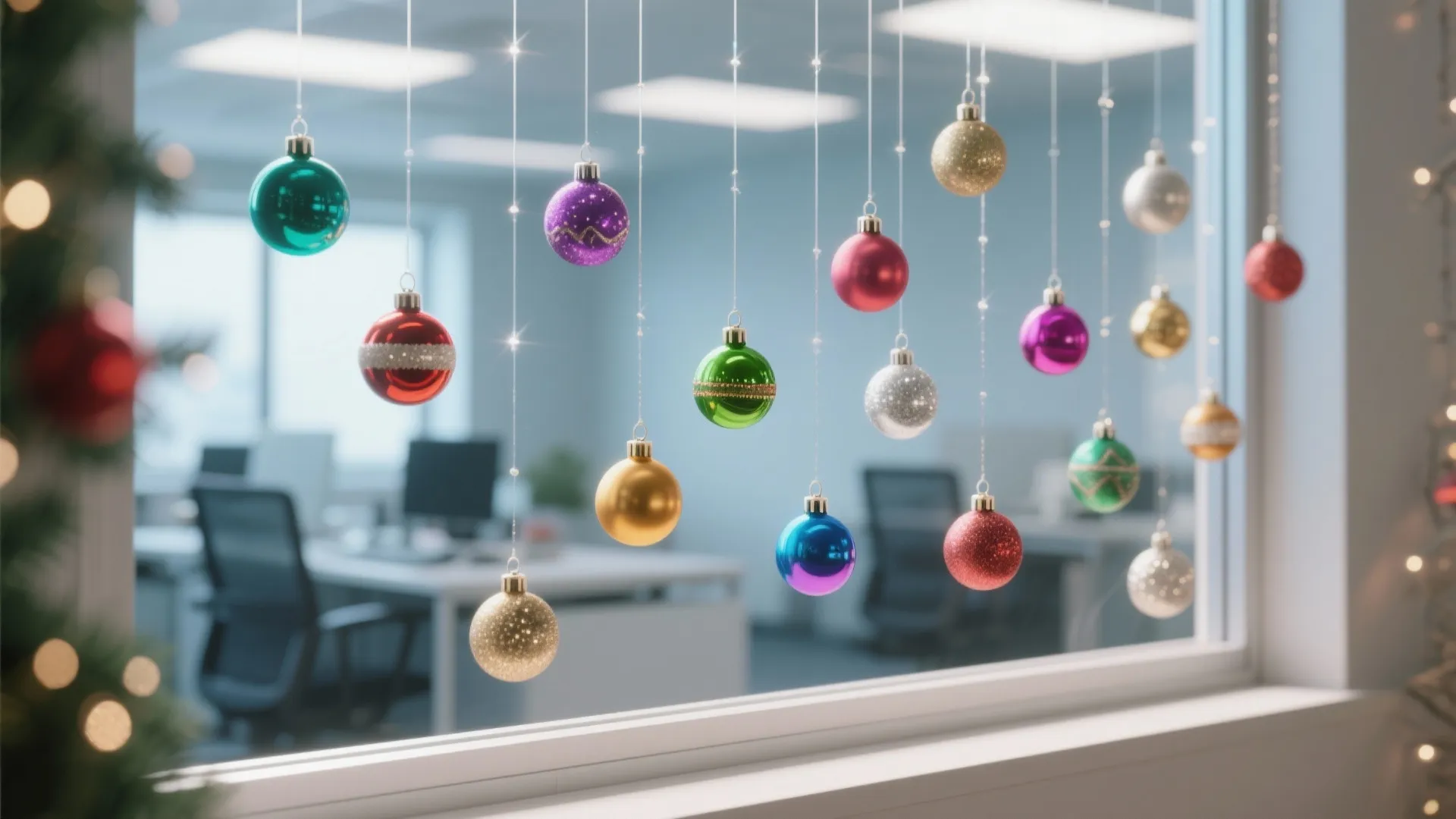 Colorful Christmas ball ornaments hanging from strings in front of a bright modern office window