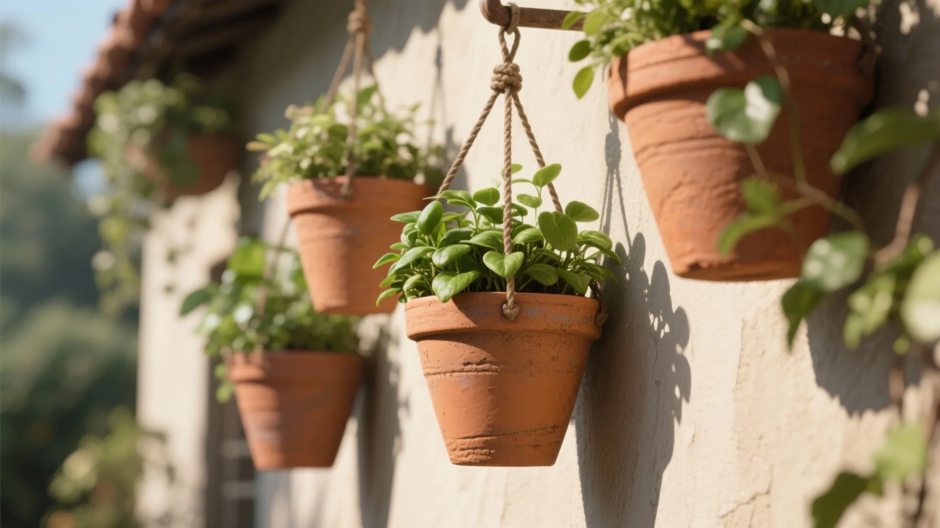 Small clay pots with green plants hanging by ropes against a textured outdoor wall in sun