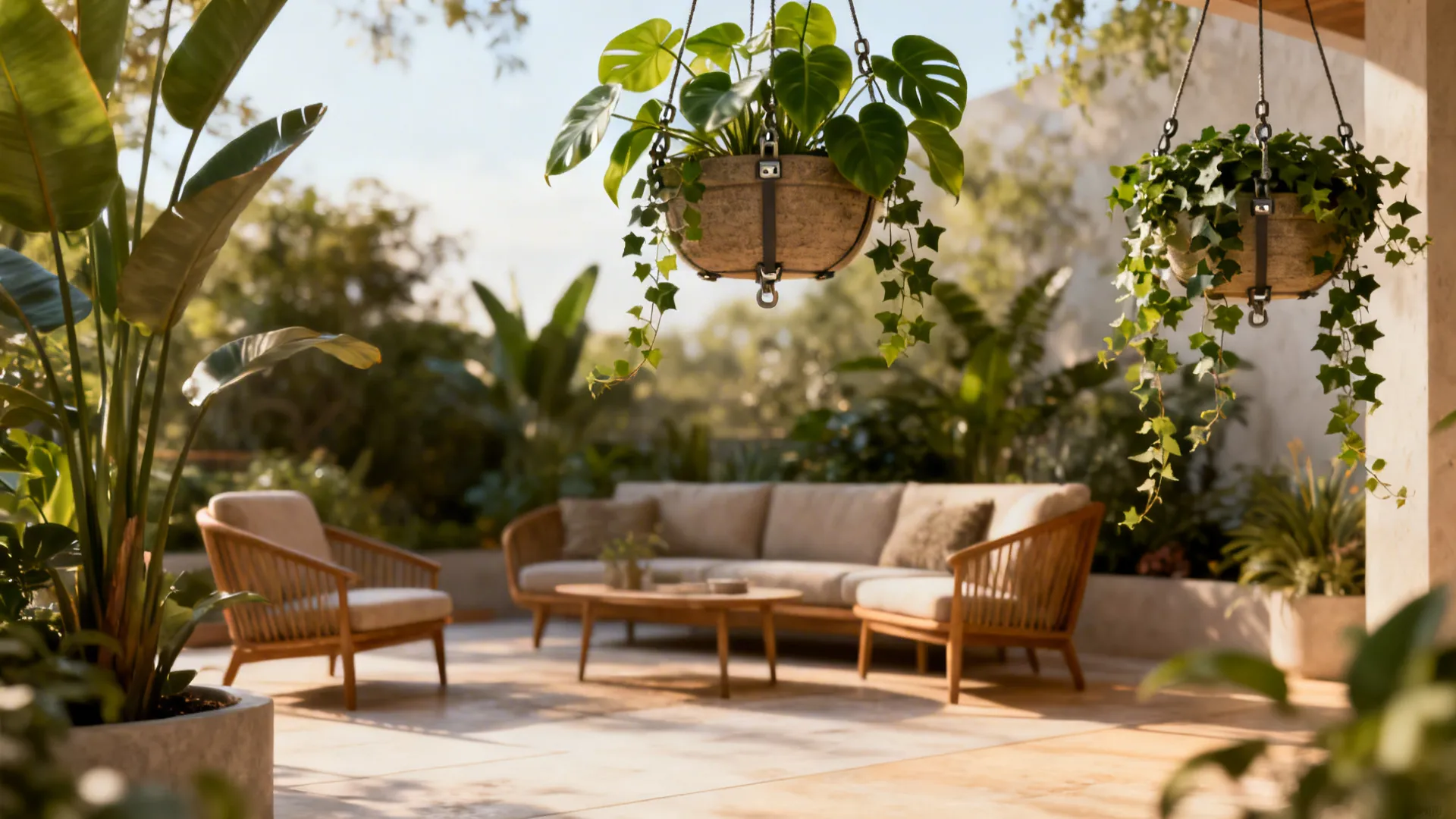 Seating area with hanging planters containing philodendron and ivy, freeing up floor space and reducing pet access.