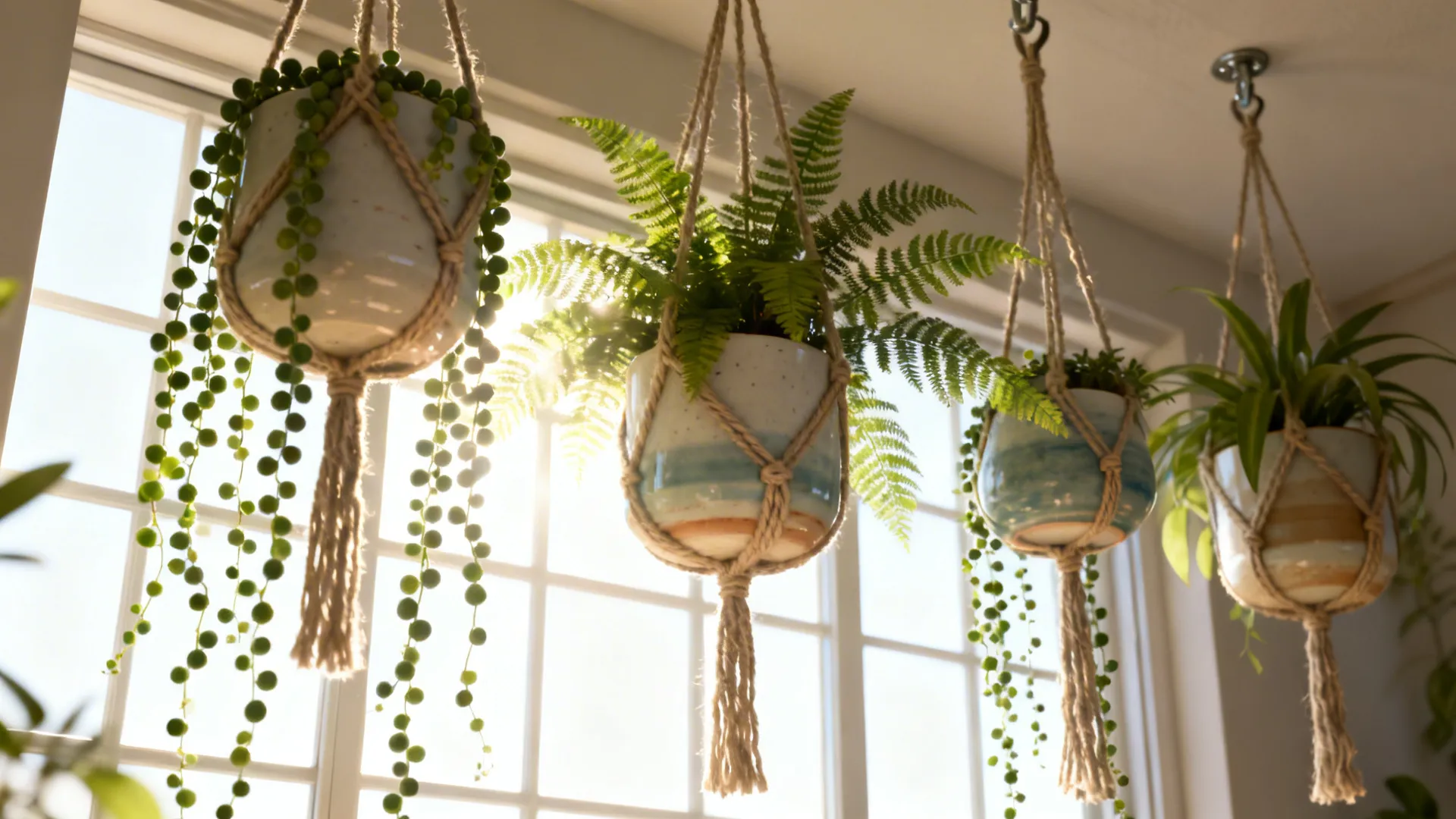 3. Hanging Planters to Keep Surfaces Clear