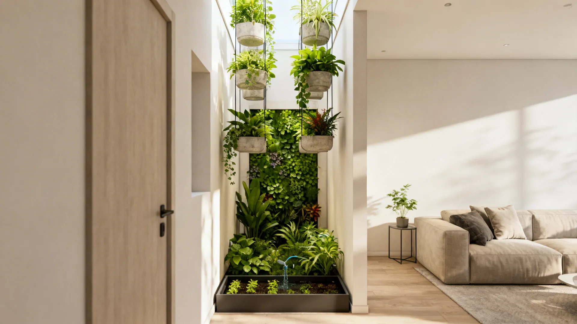 Narrow living room with staggered hanging planters and a vertical living wall adding depth.