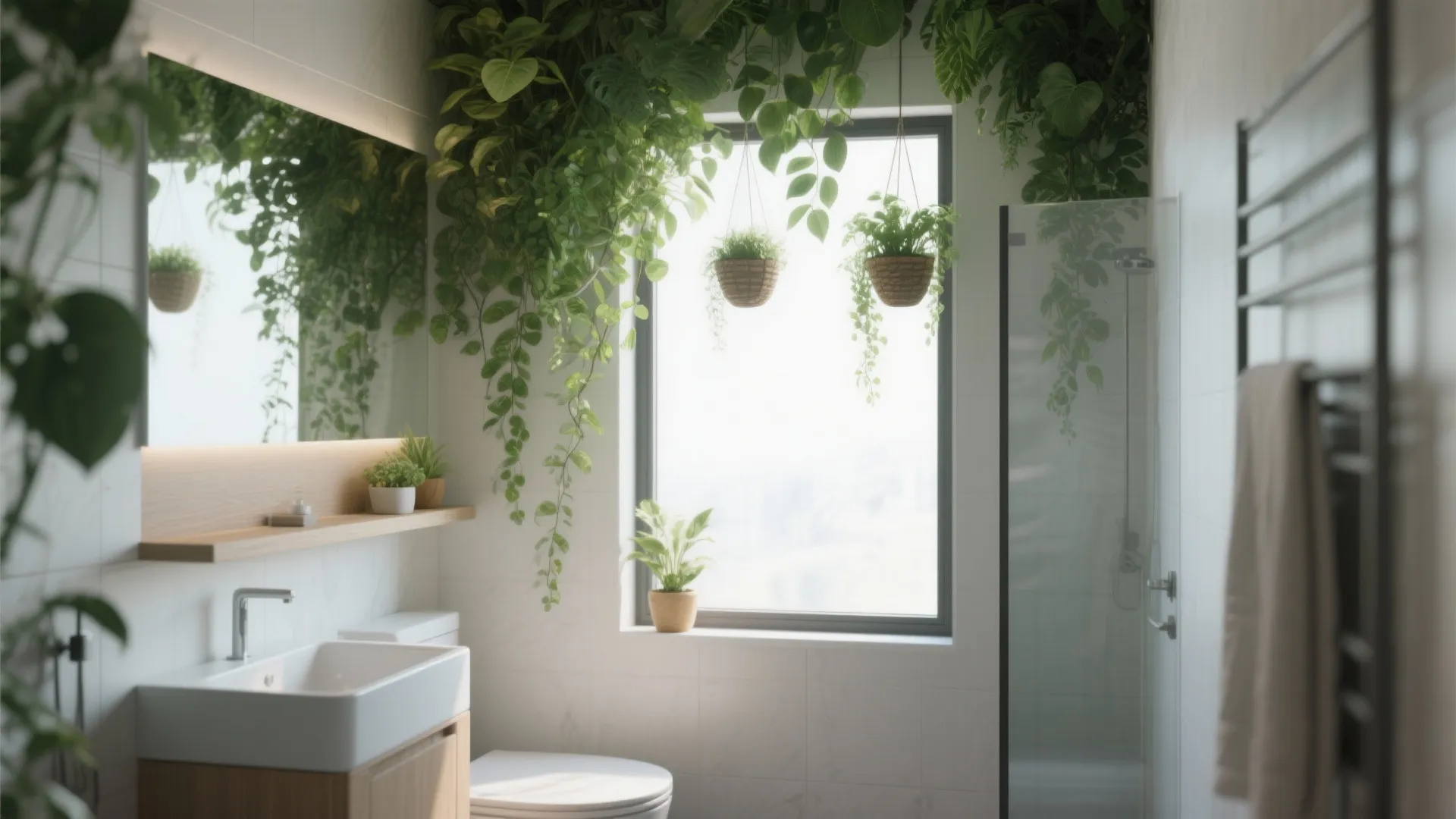 Bathroom window with hanging planters above the ledge