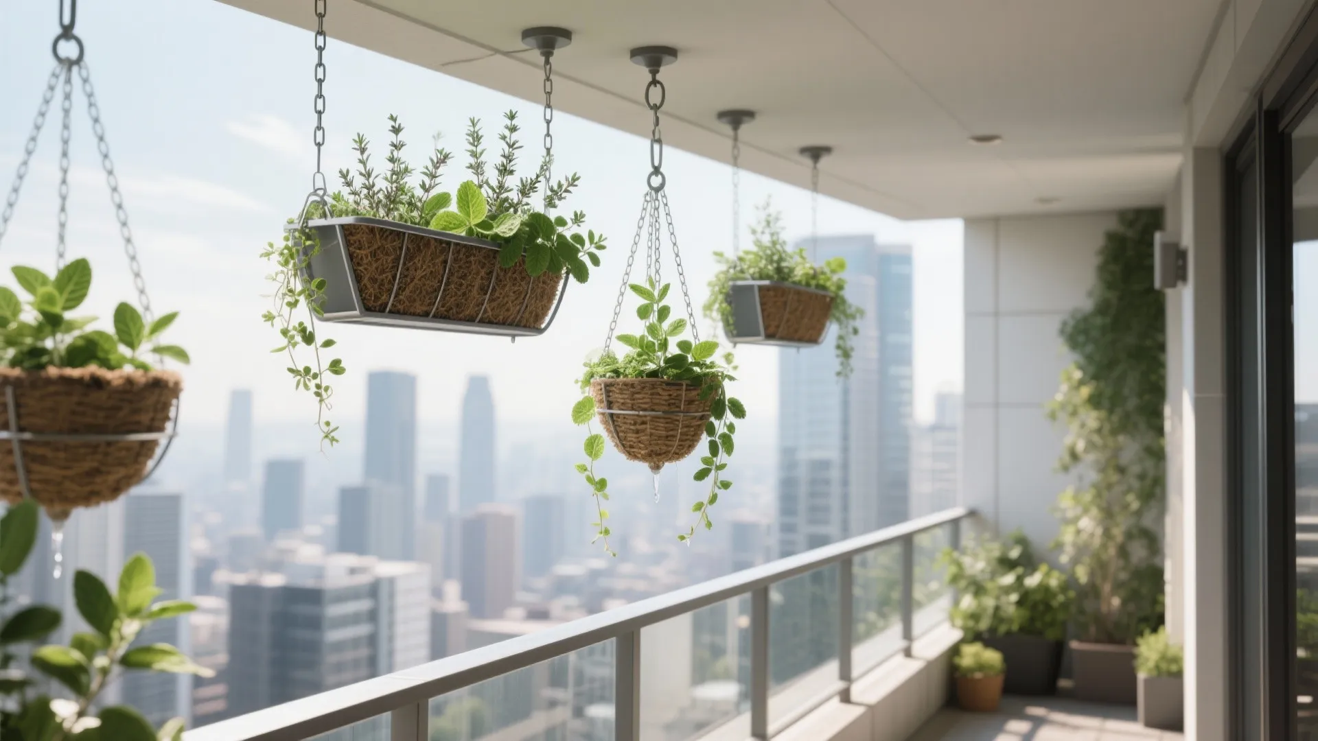 Hanging Planters with Drip Trays for Windy Balconies