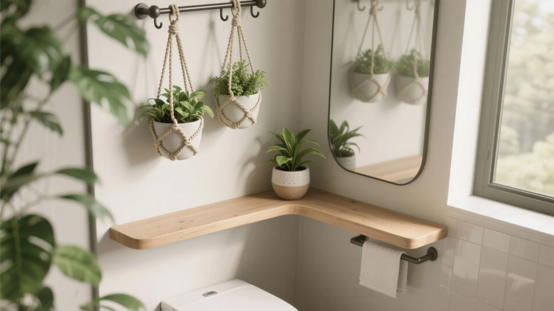 Hanging planters and a slim shelf in a small bathroom corner, creating a fresh curated look.