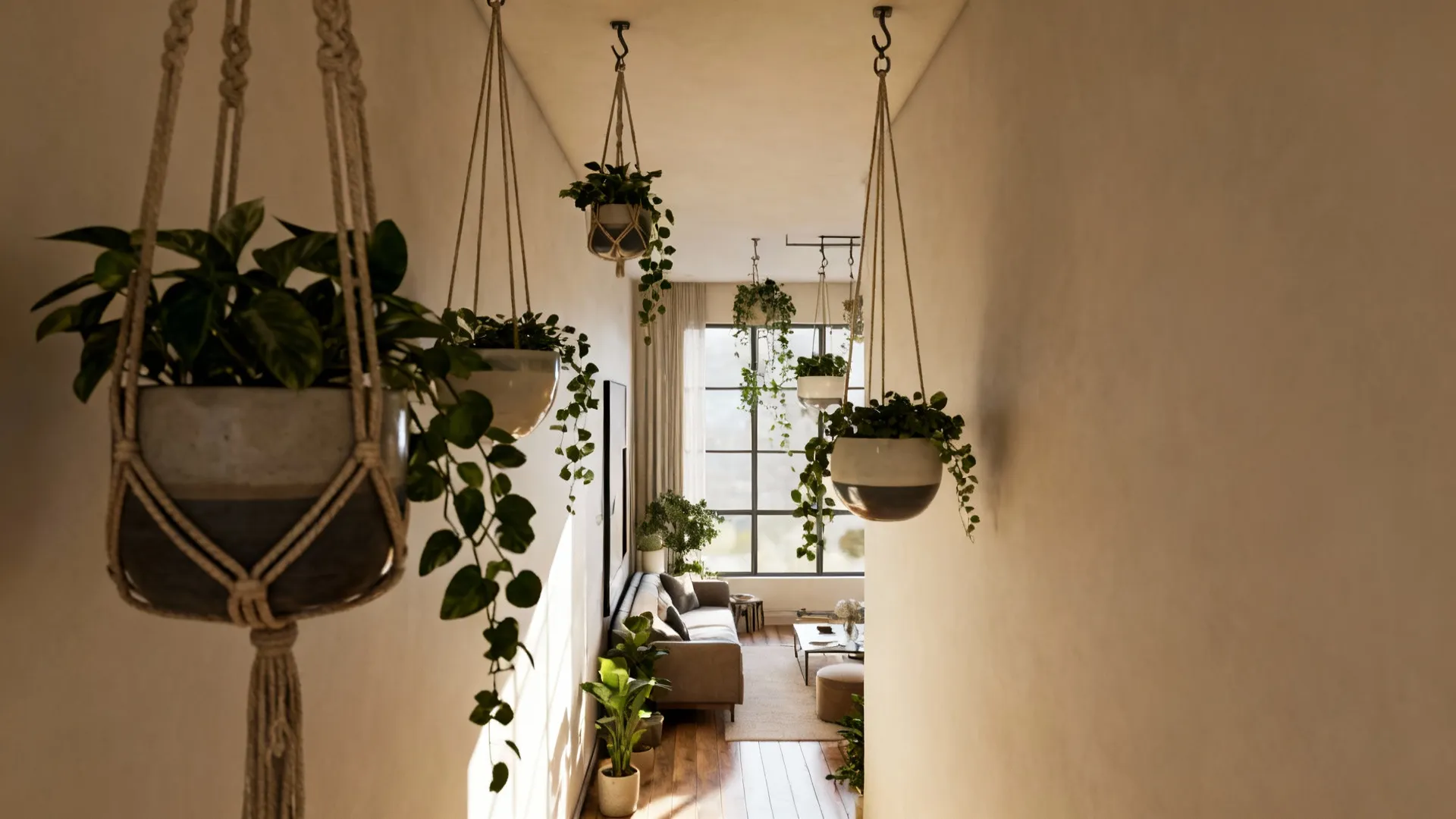 Hanging macramé and ceramic planters suspended at varied heights in a small living room.