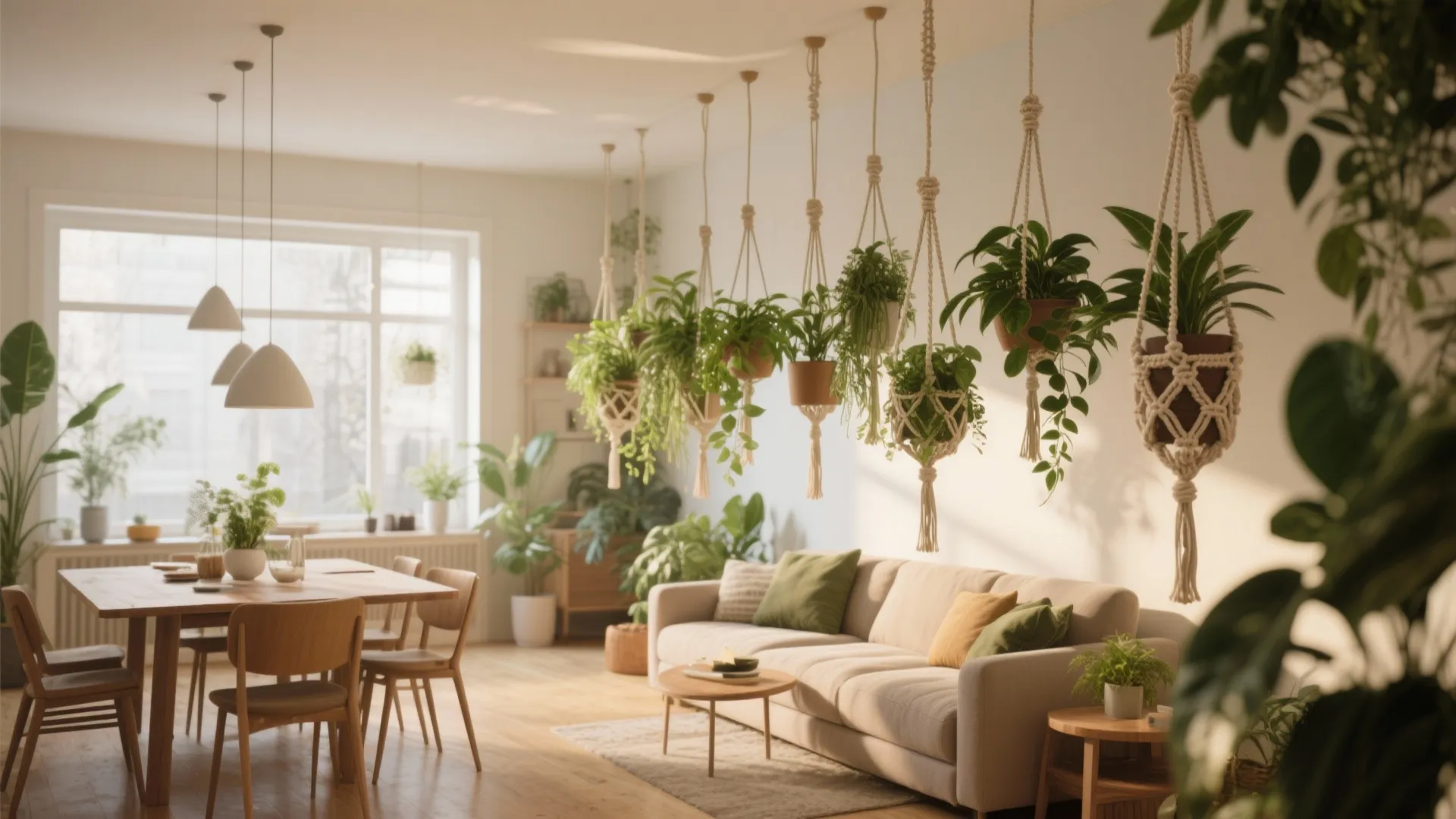 Living area with green plants hanging from the ceiling above a beige sofa and furniture