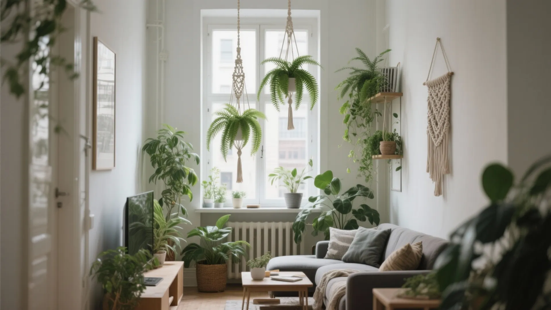 Bright living room filled with many green potted plants hanging from ceiling and on shelves