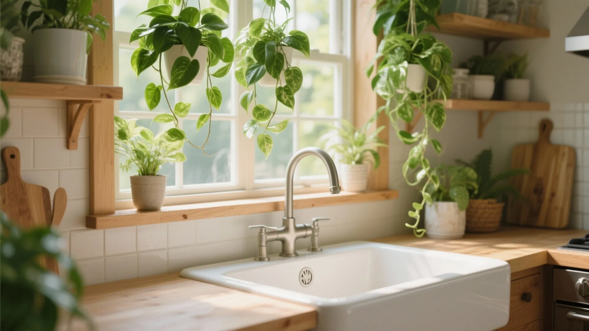 Green hanging plants over kitchen sink near window