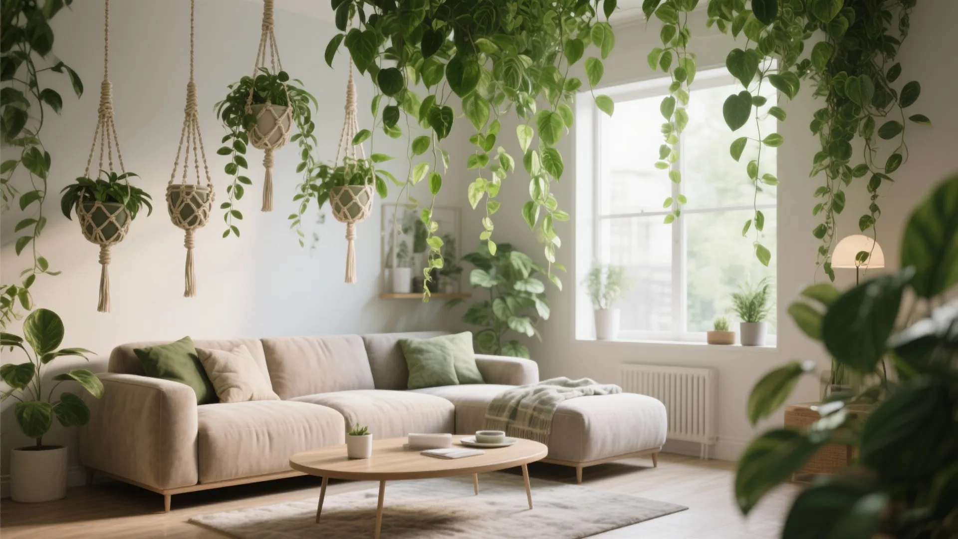 Living room sofa with hanging green plants above