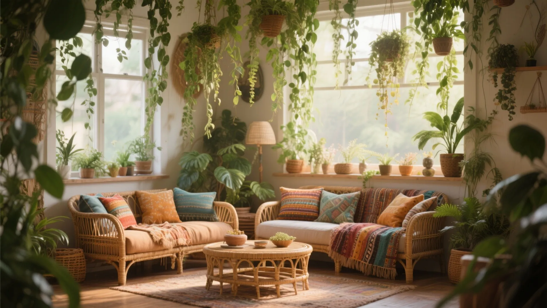 Bohemian living room with many hanging plants wooden sofa rattan table and bright sunny windows