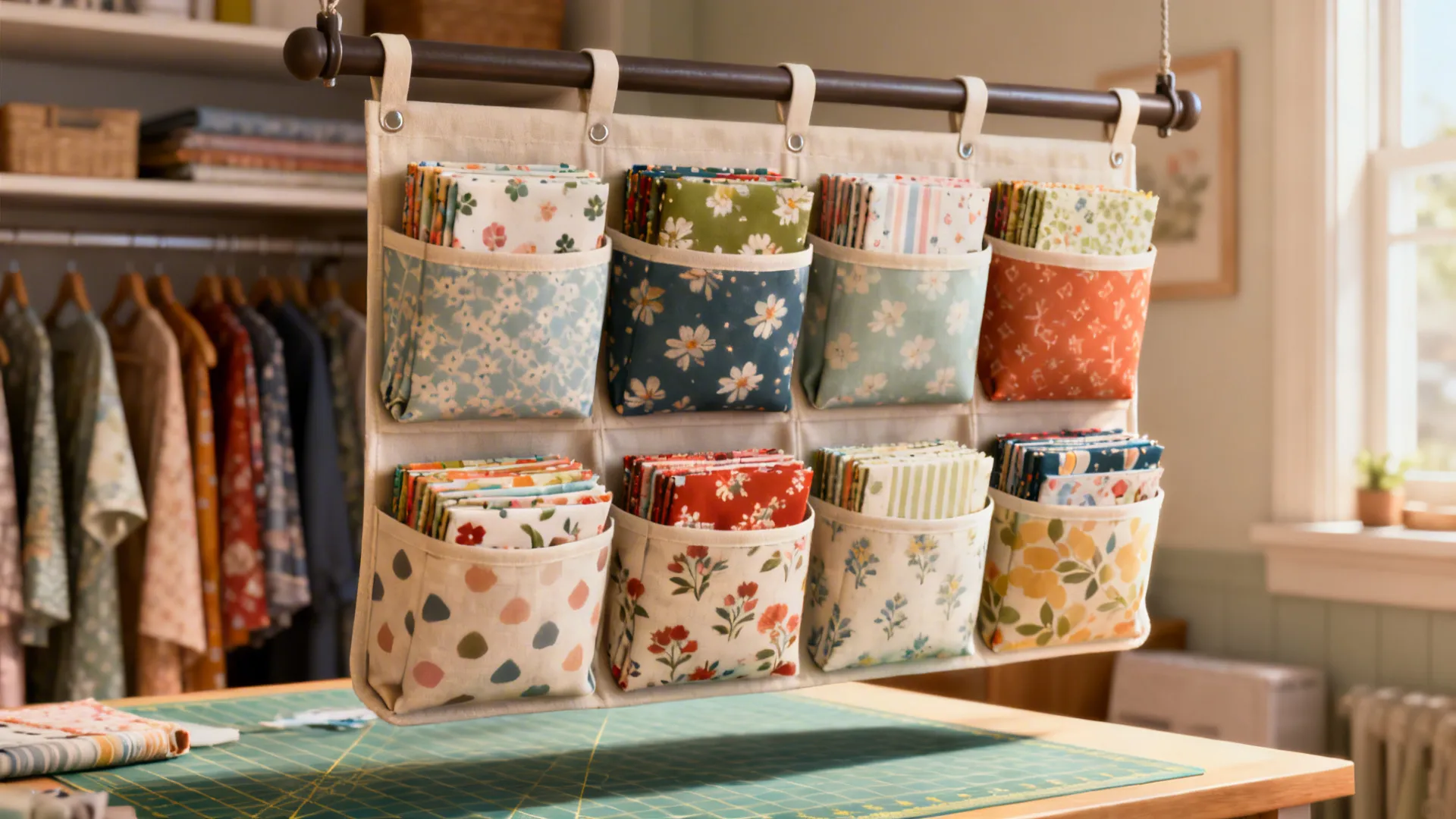 Hanging pocket organizer filled with fat quarters above a cutting table.