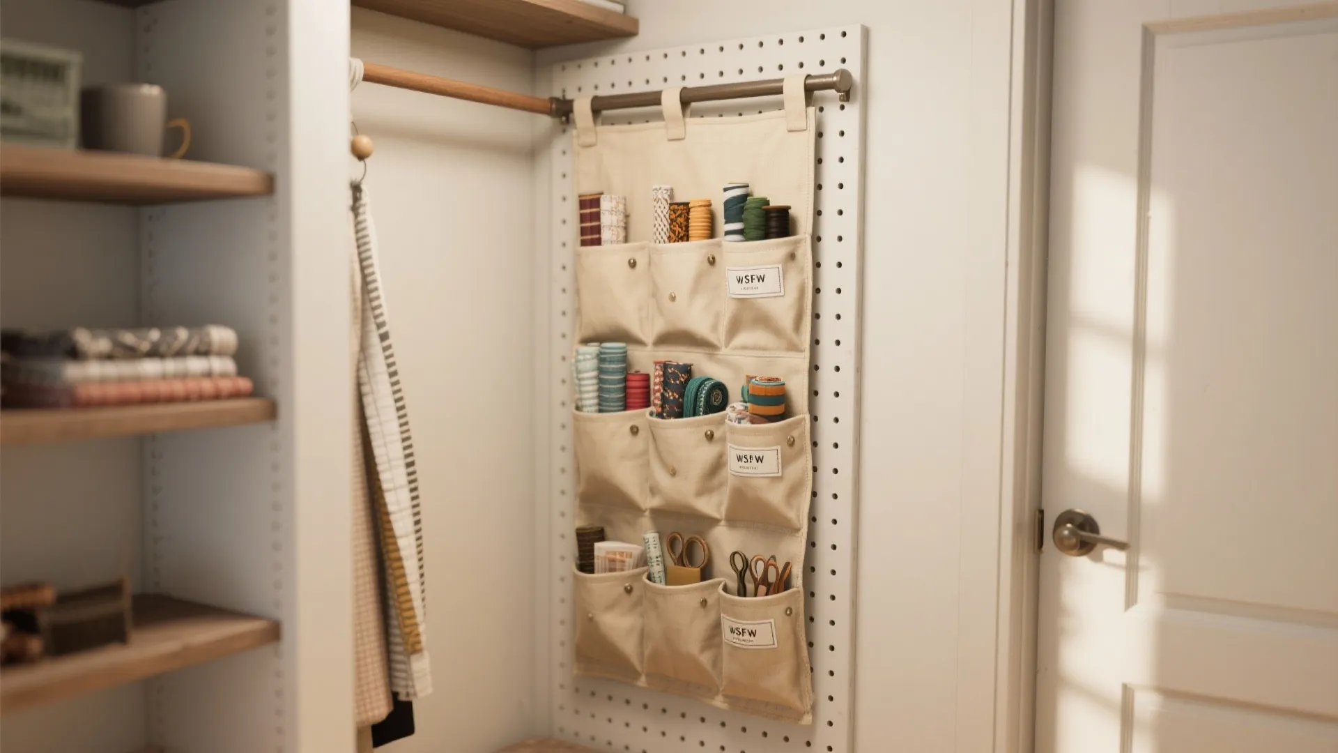 Hanging pocket organizer on a rod filled with small fabric yardage and trims in a narrow craft corner.