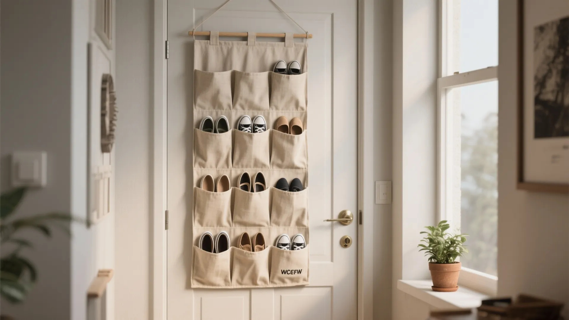 Fabric hanging organizer with multiple pockets holding shoes behind a white door in bright hallway