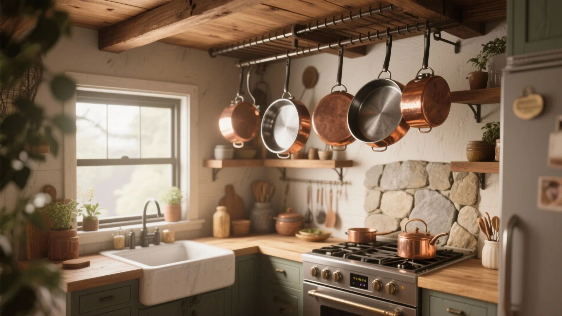 Copper pots hanging on ceiling rack in rustic kitchen with wooden ceiling and stone wall