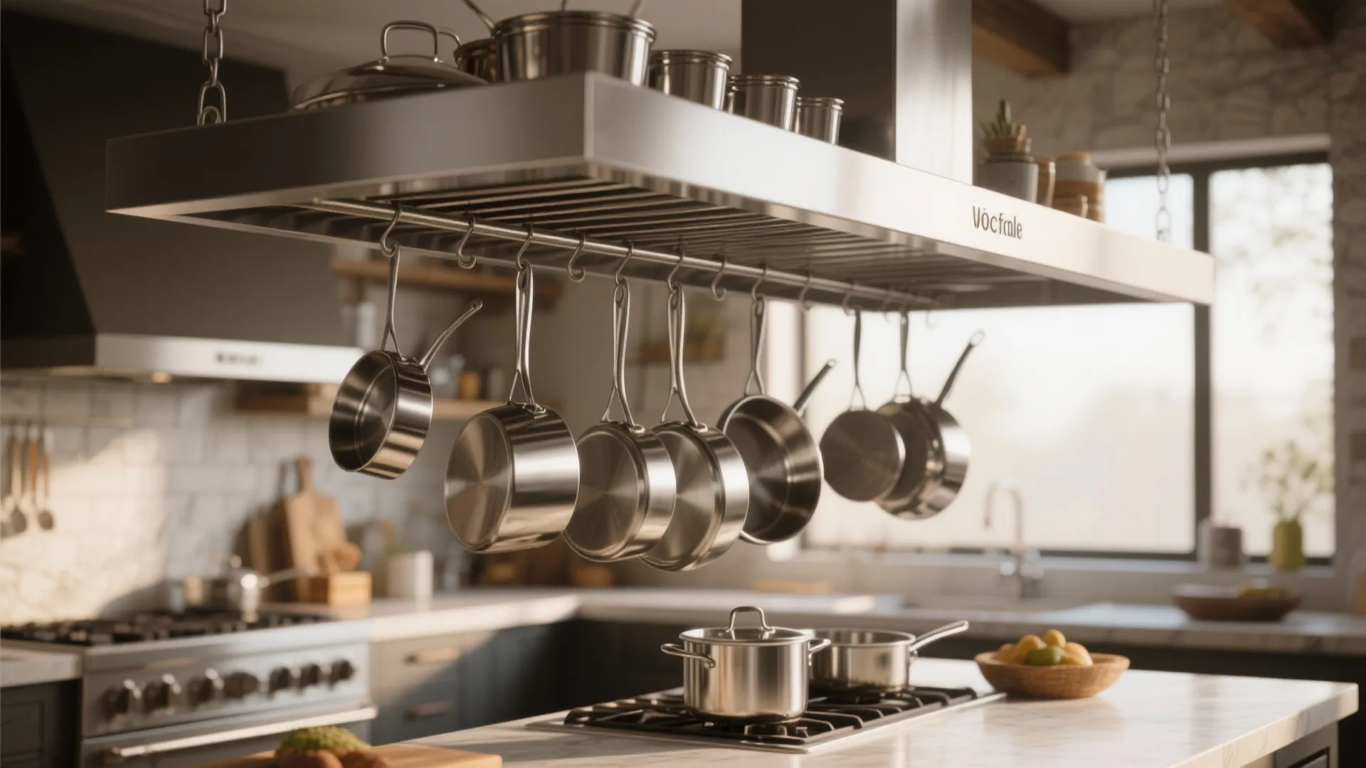 Stainless steel ceiling hanging rack holding several silver pots and pans over a kitchen island