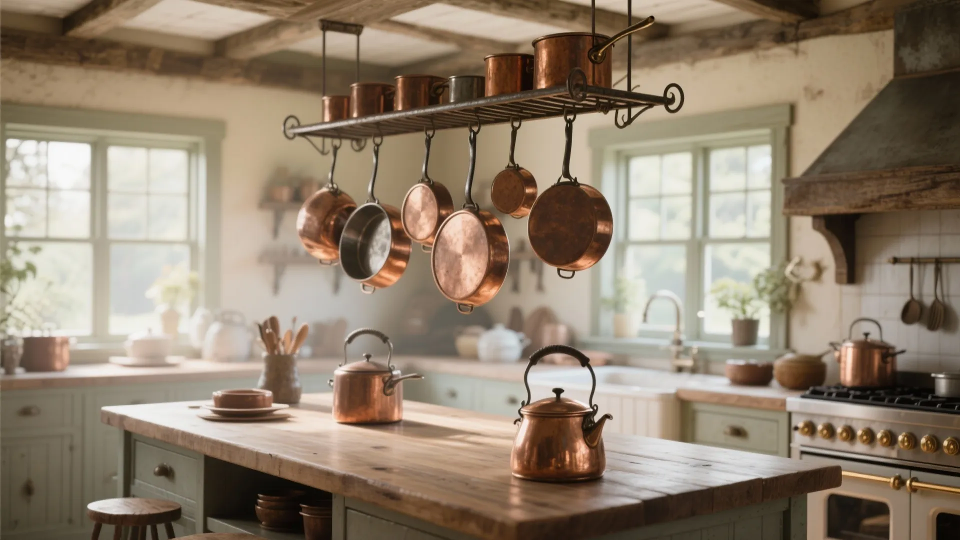 Copper pans hanging from a rustic pot rack