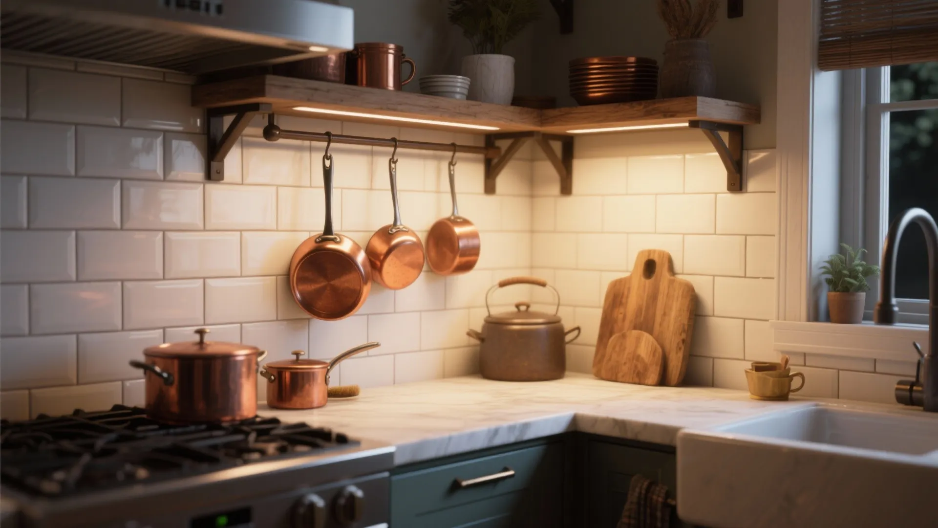 Modern kitchen with copper pots hanging on a metal rail under warm wooden wall shelves
