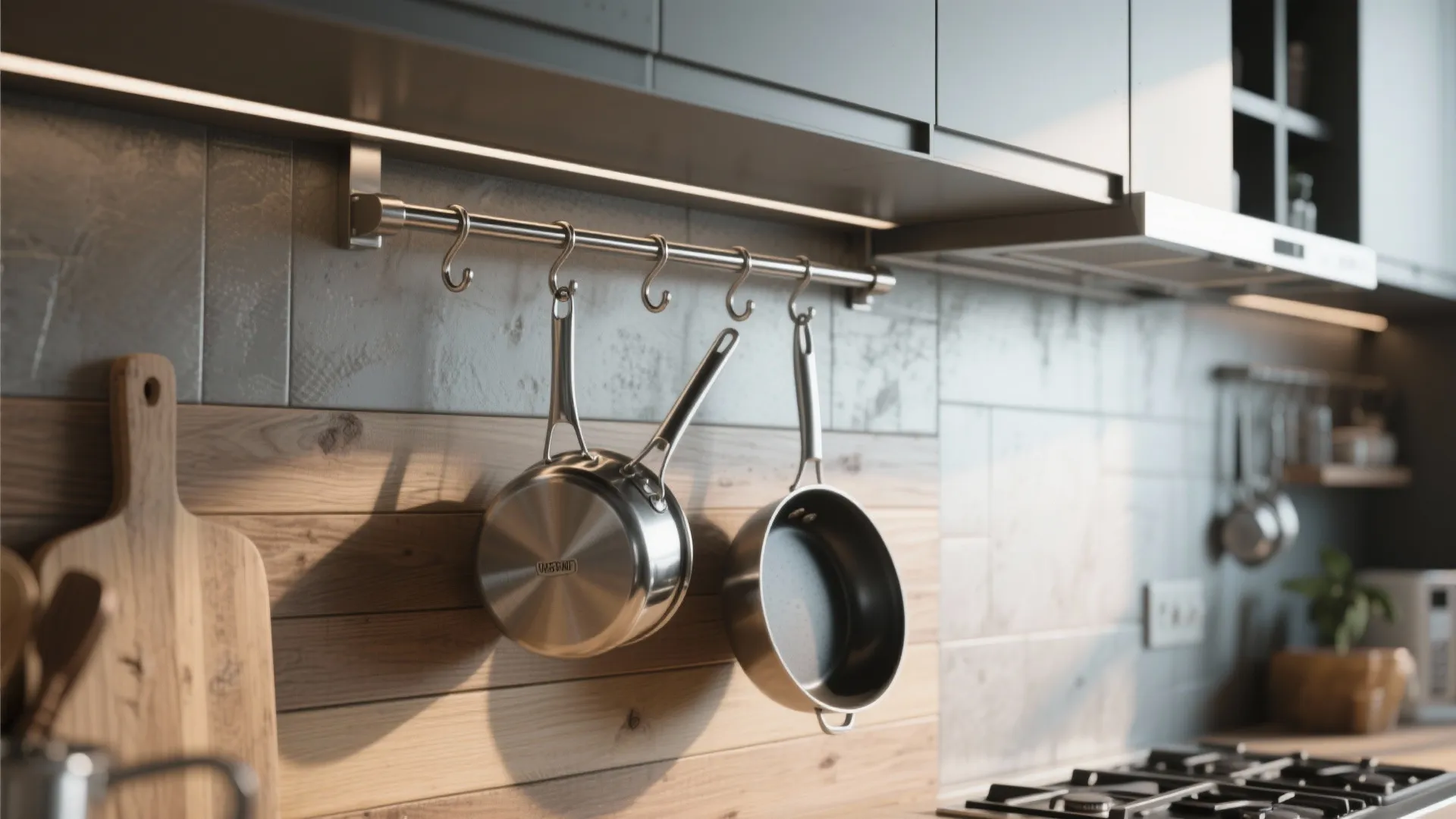 Metal hanging rail with hooks holding stainless steel pans against a grey tiled kitchen wall