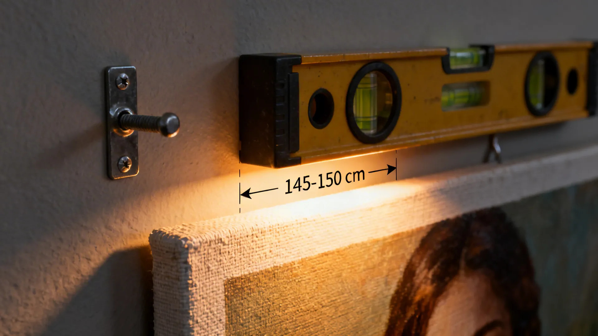 Close-up of picture hanging tools and measurements showing ideal artwork height and lighting.