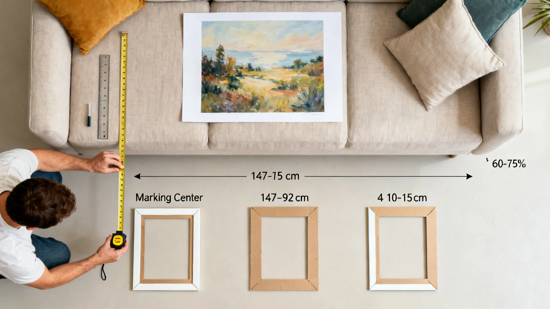 Top-down instructional sequence showing measuring and spacing guidelines for hanging artwork above a sofa.