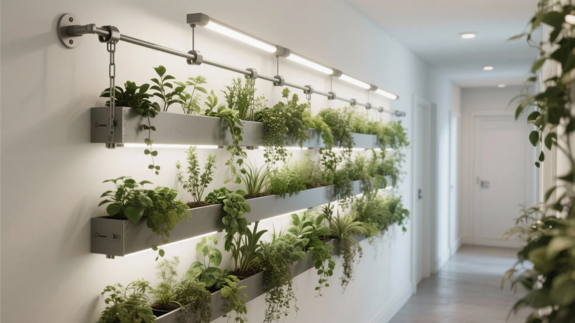 Modern wall mounted indoor garden system with metal hanging rails and integrated white light fixtures
