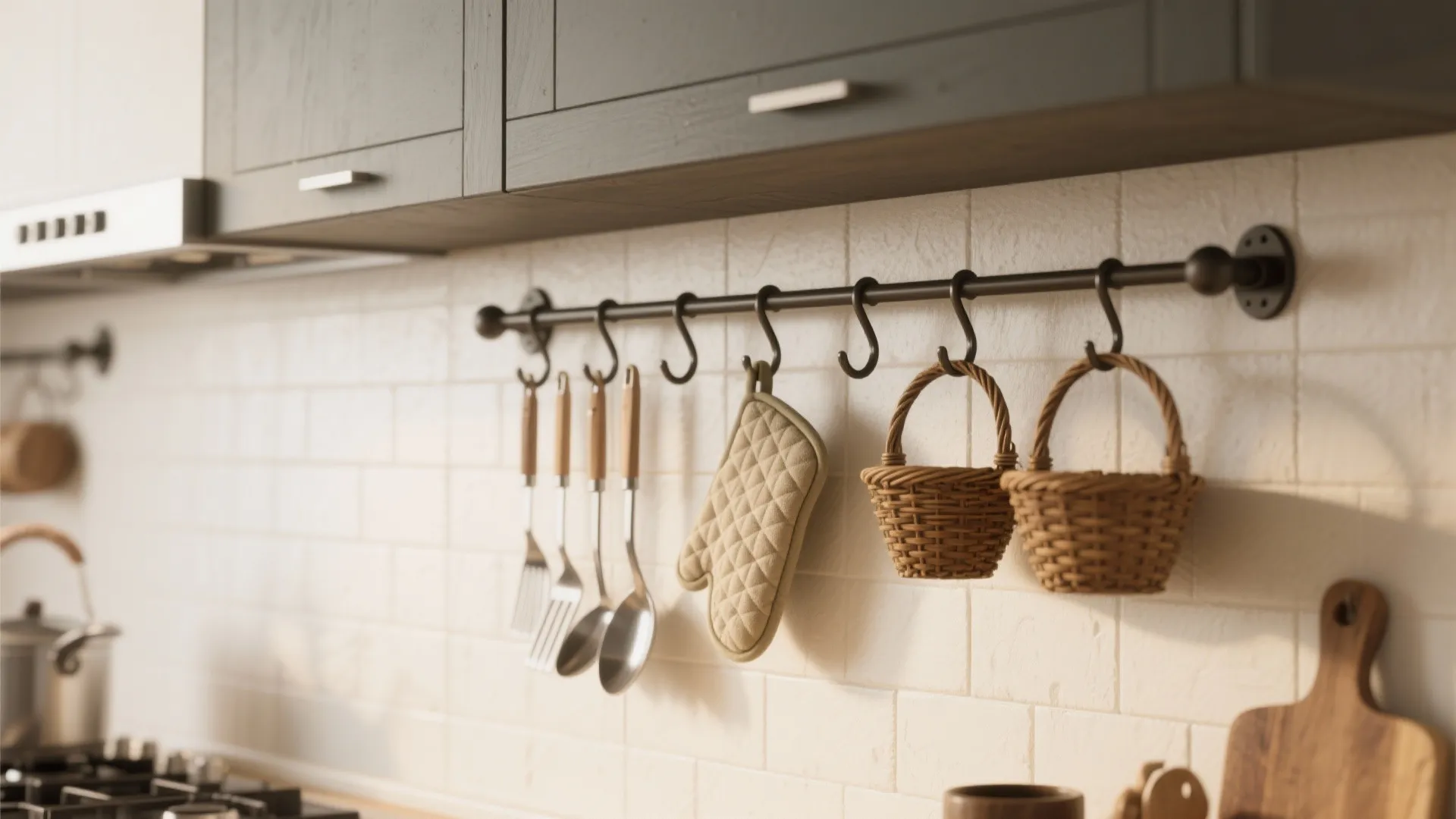 Metal hanging rail with hooks holding kitchen utensils and small woven baskets on a white wall