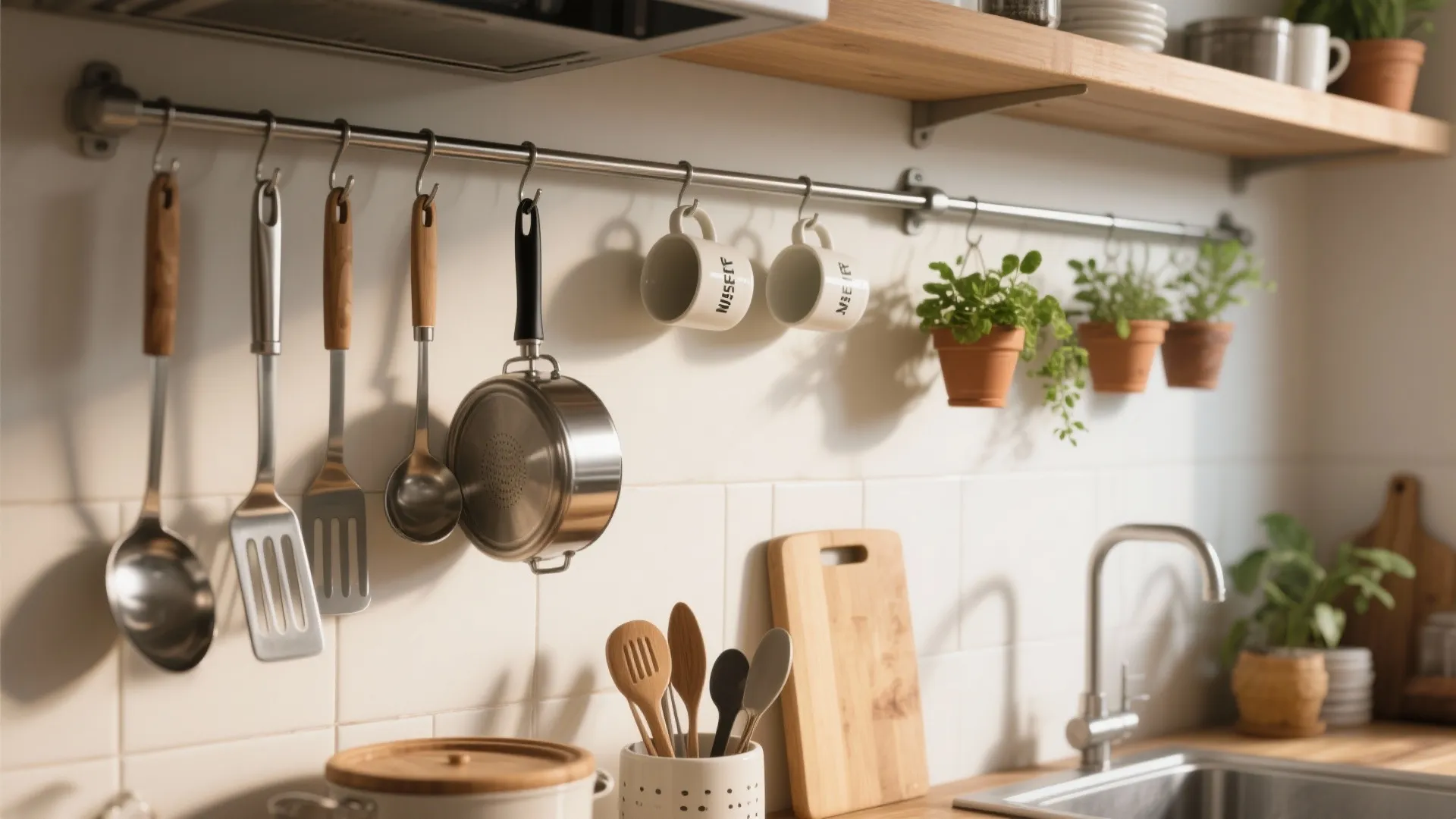 Kitchen wall with hanging rail holding utensils, mugs, and plants