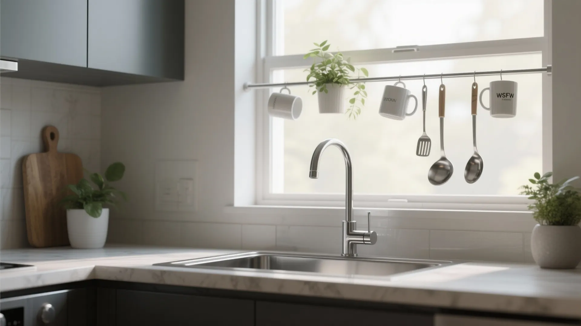 Bright kitchen sink area featuring a metal hanging rail with cups and utensils over window