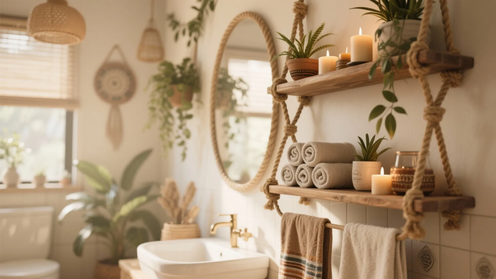Hanging rope shelves in bathroom with plants and candles