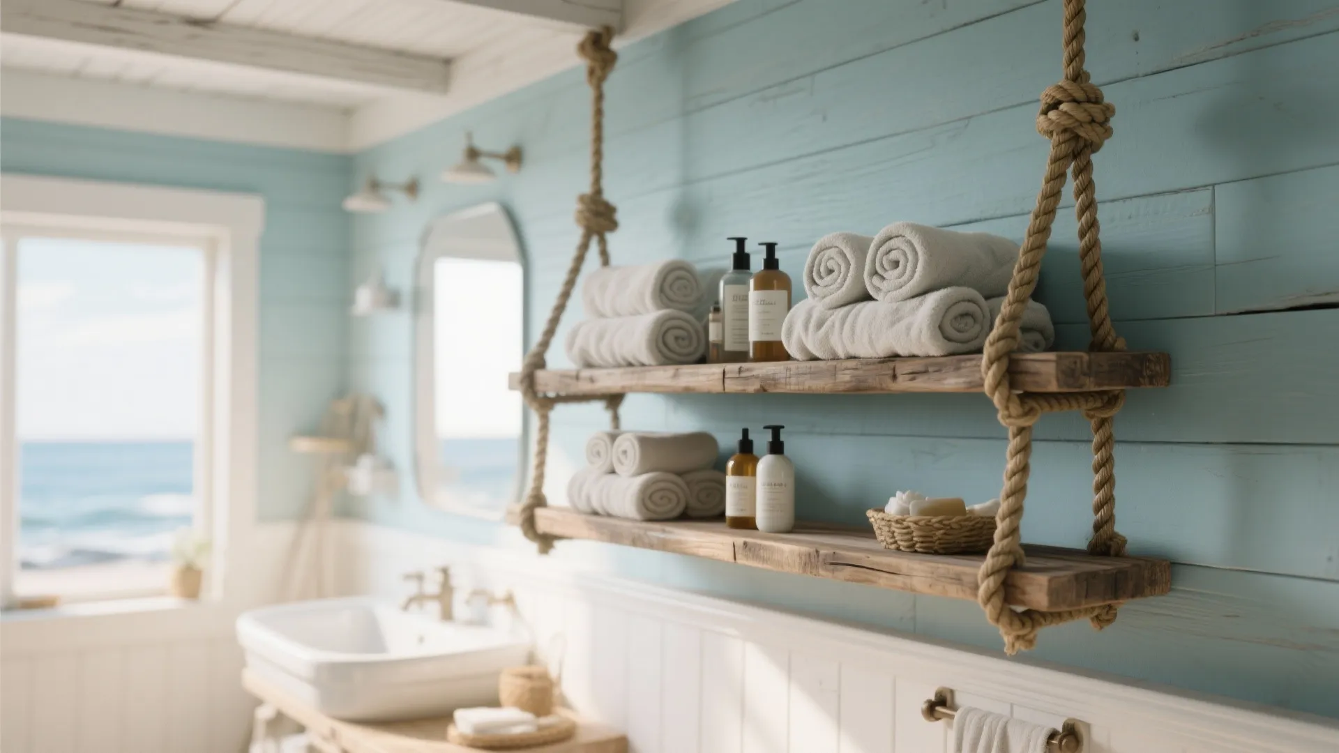 Coastal bathroom featuring rustic wooden shelves hanging from thick ropes against a blue wood wall