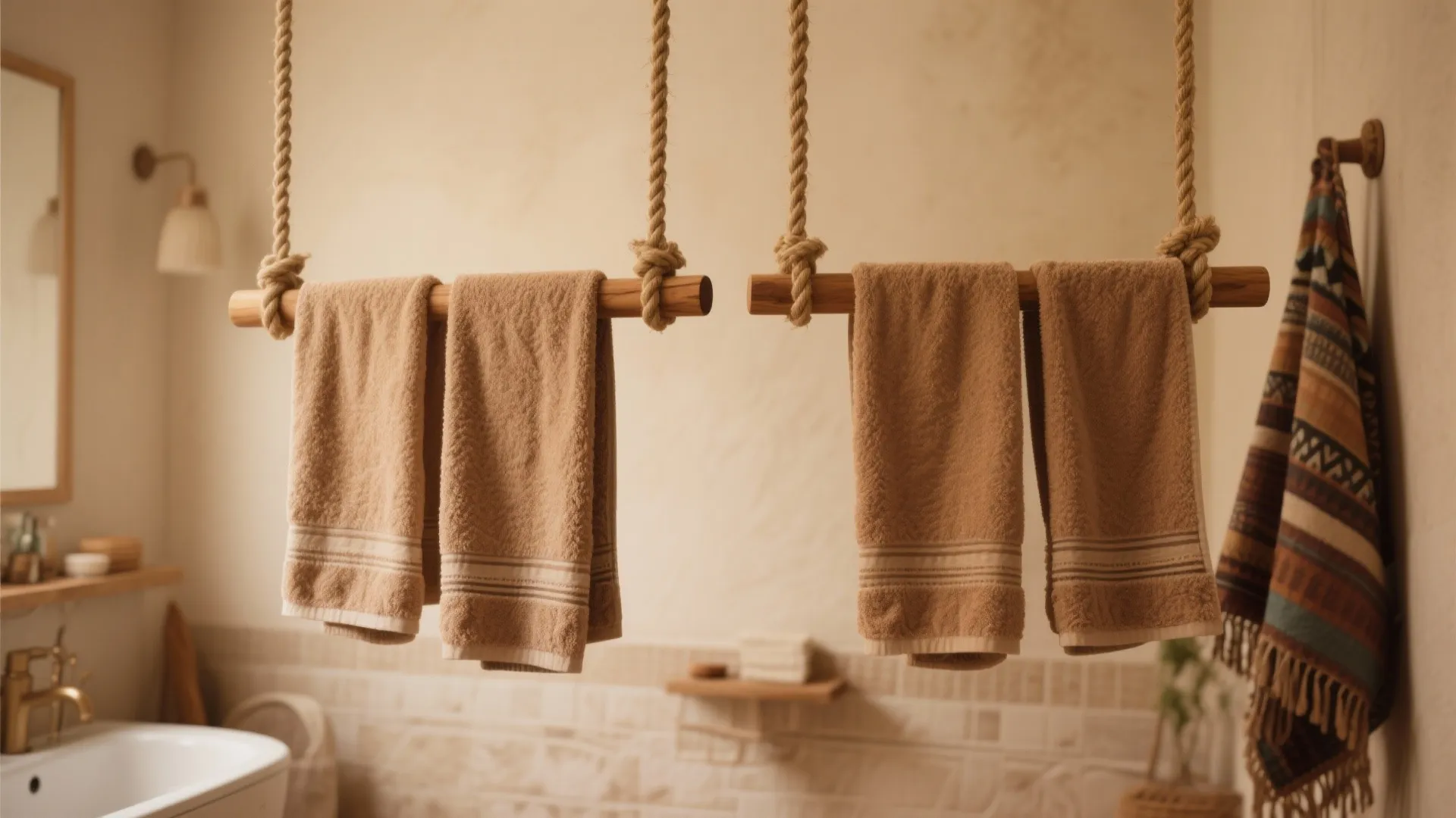 Creative bathroom towel rack made of thick ropes and wooden bars hanging four brown cotton towels