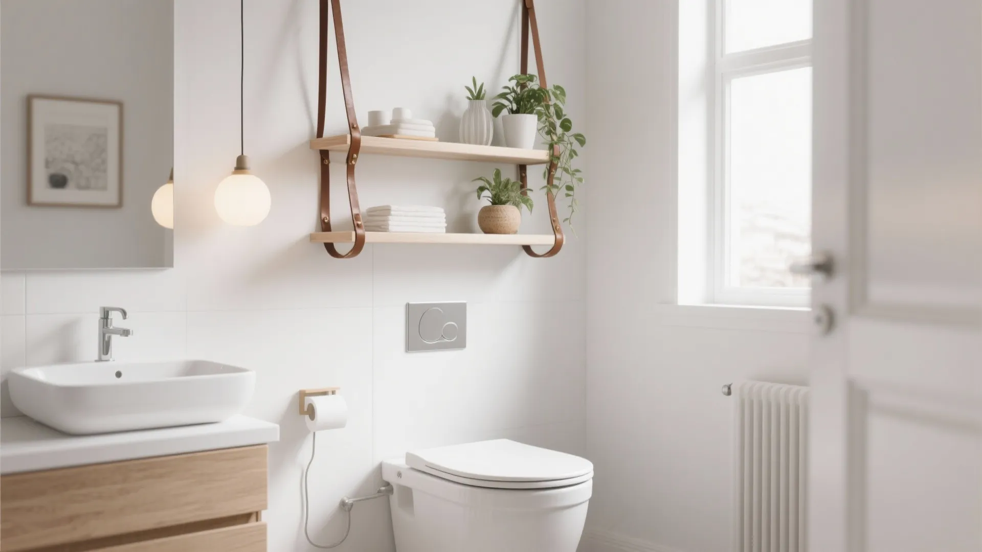 Modern bathroom featuring white toilet sink wooden vanity hanging shelves with leather straps and green plants