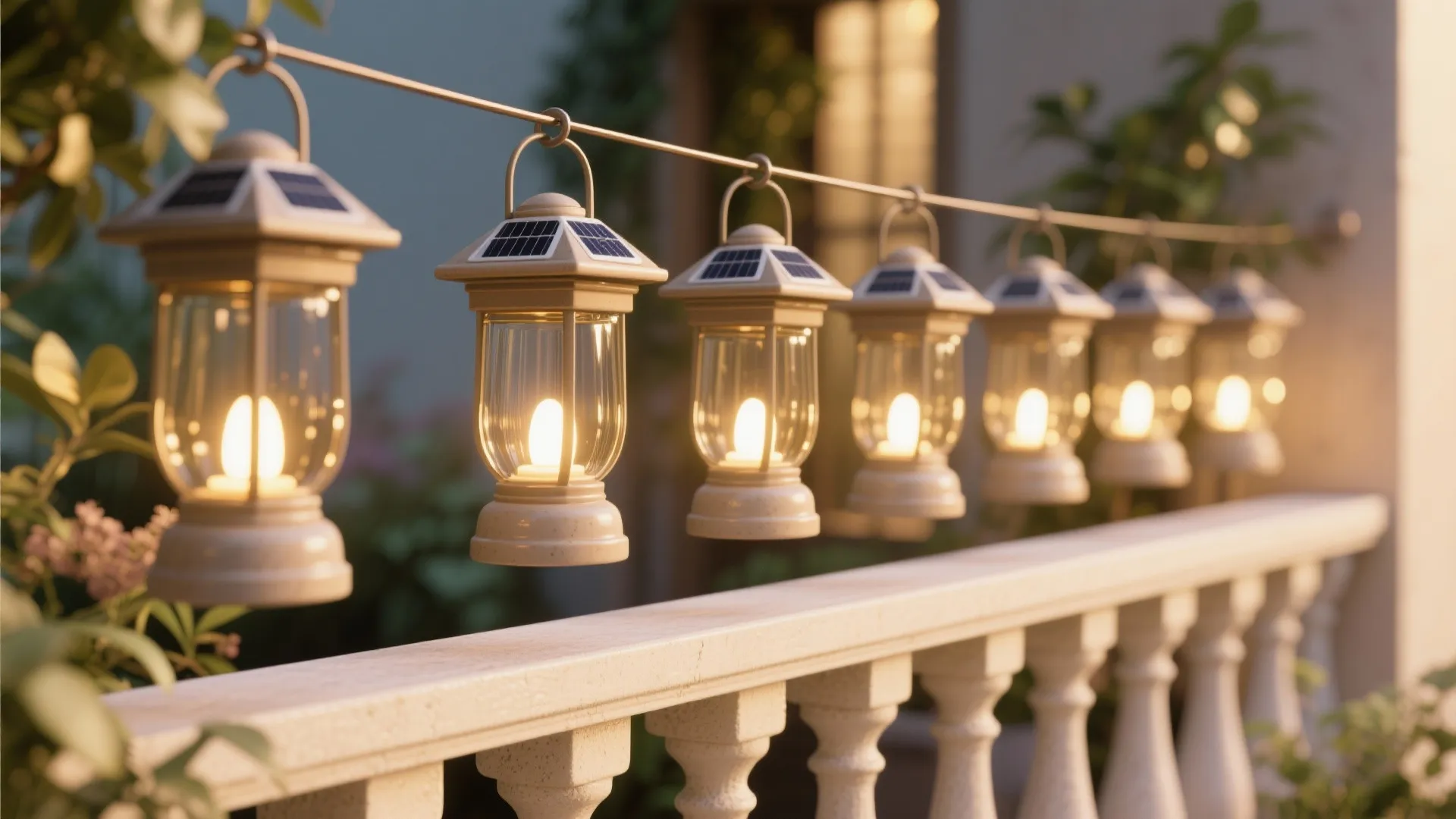 Row of solar hanging lanterns with small solar panels lit up over white balcony railing