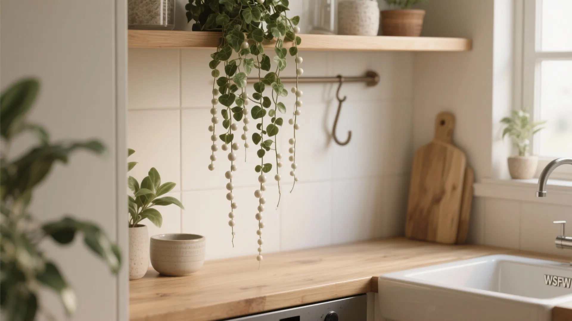 Modern kitchen with wooden countertop white tile wall hanging green plant and a white sink
