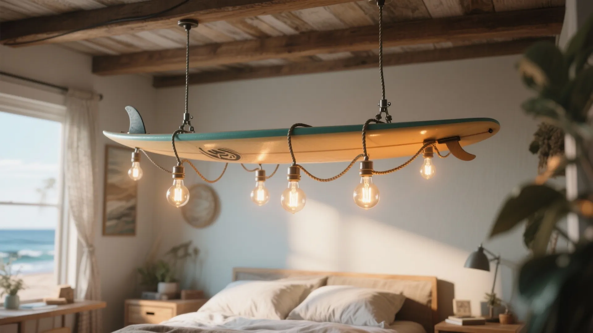 Creative bedroom ceiling light made from a surfboard hanging above a bed with wooden beams