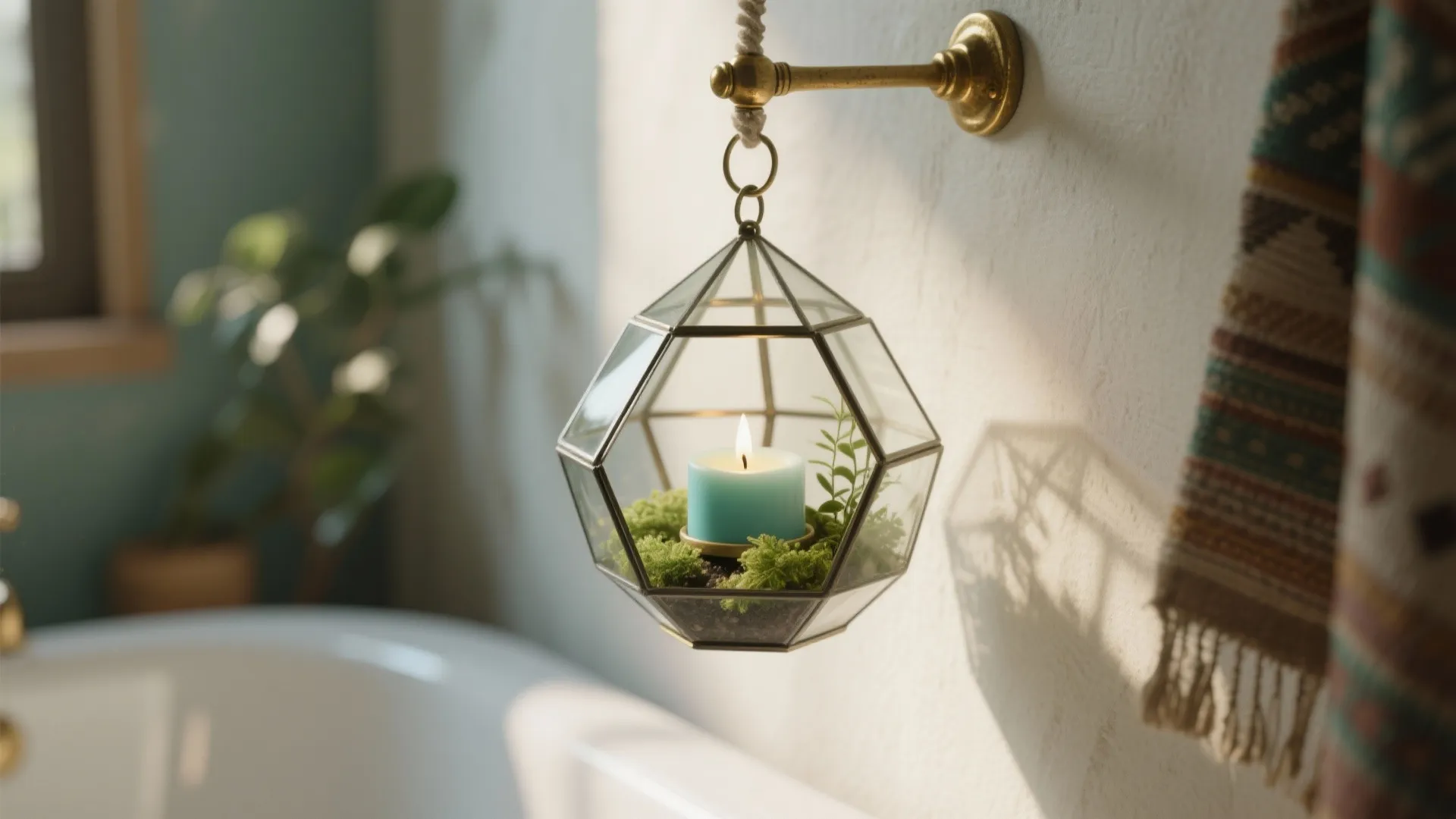 Geometric glass lantern hanging from a wall hook with a small blue candle and moss