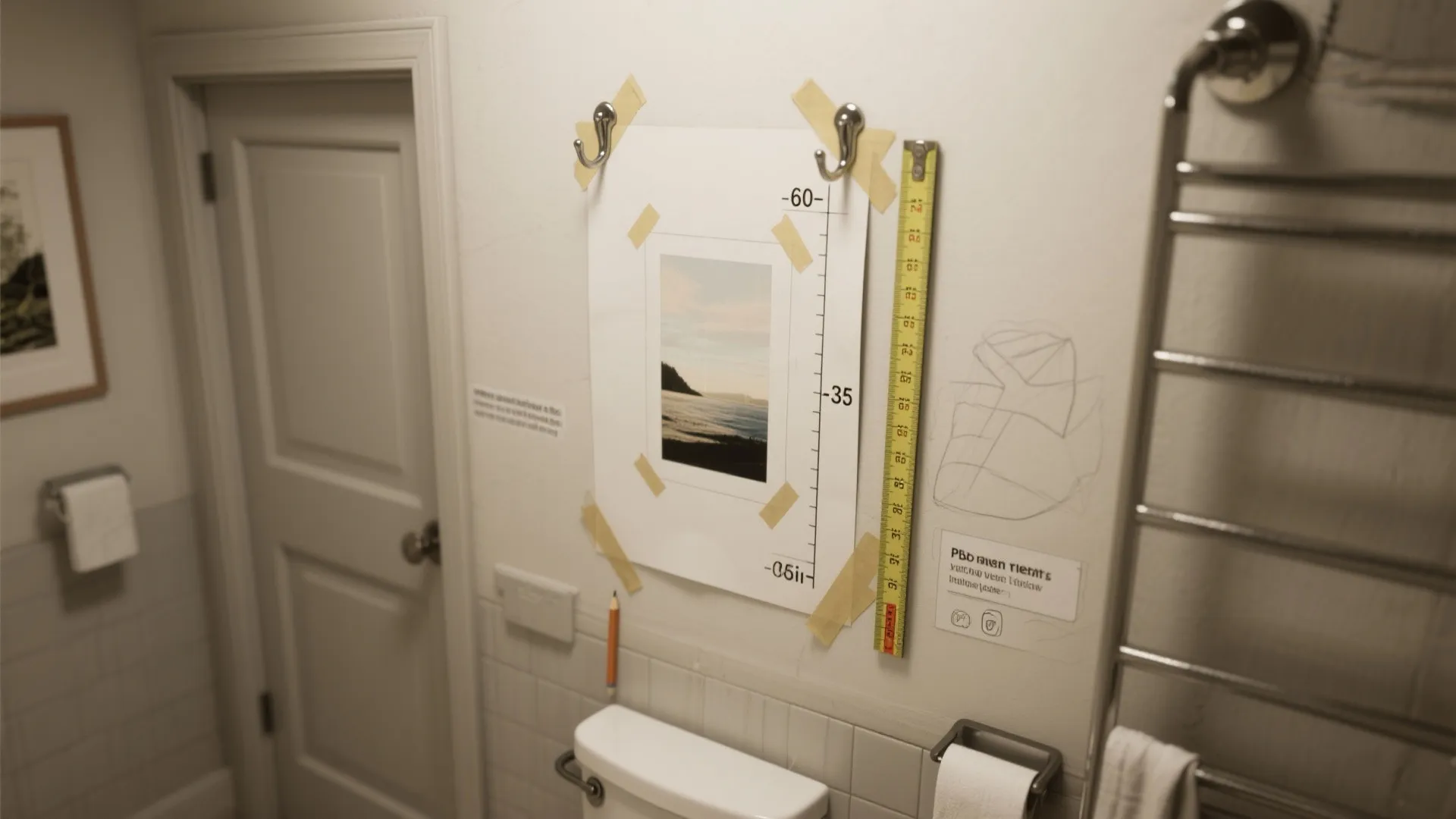 Bathroom wall showing paper template tape yellow ruler and pencil for hanging picture frame layout