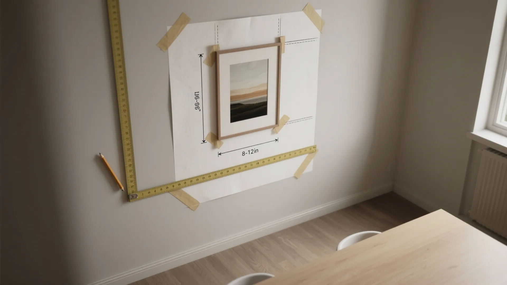 Wall showing instructions for hanging framed picture using paper guide measuring tape and a pencil