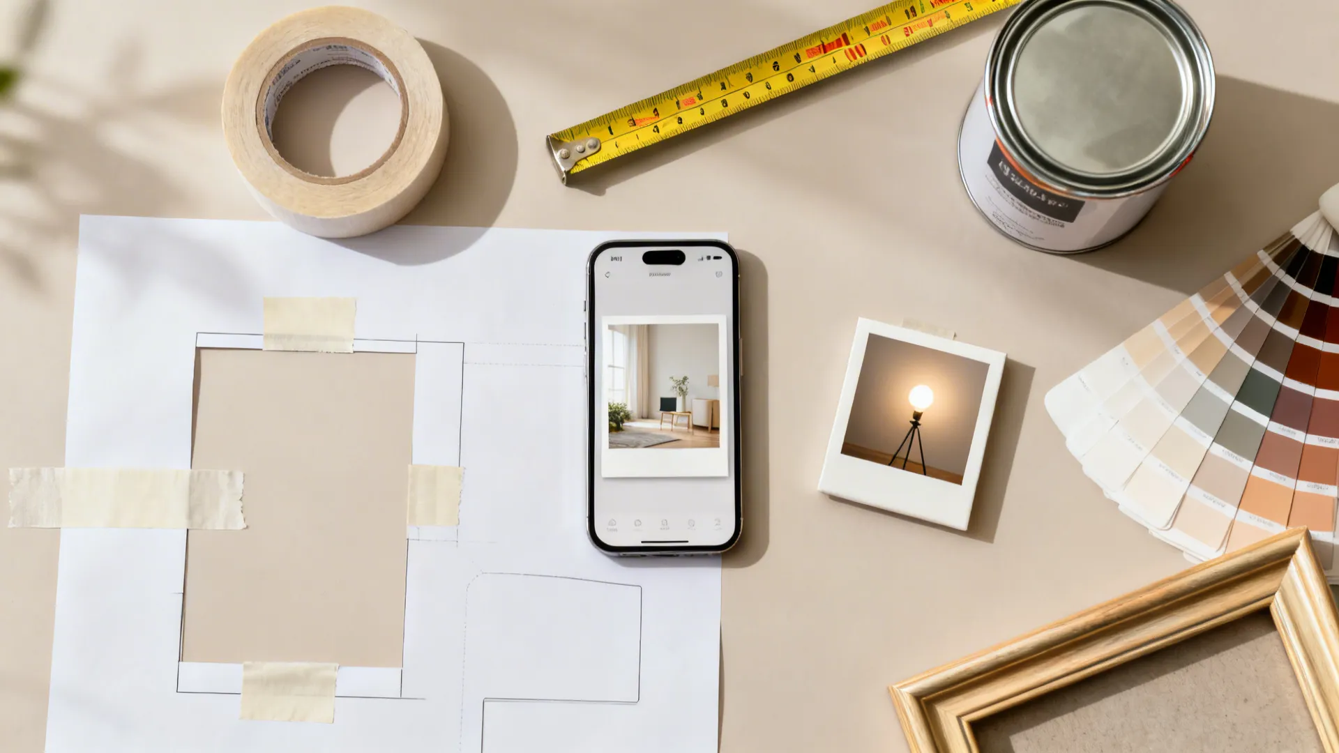 Flatlay of painter's tape, paper templates, measuring tape and a phone mock-up for hanging tips.