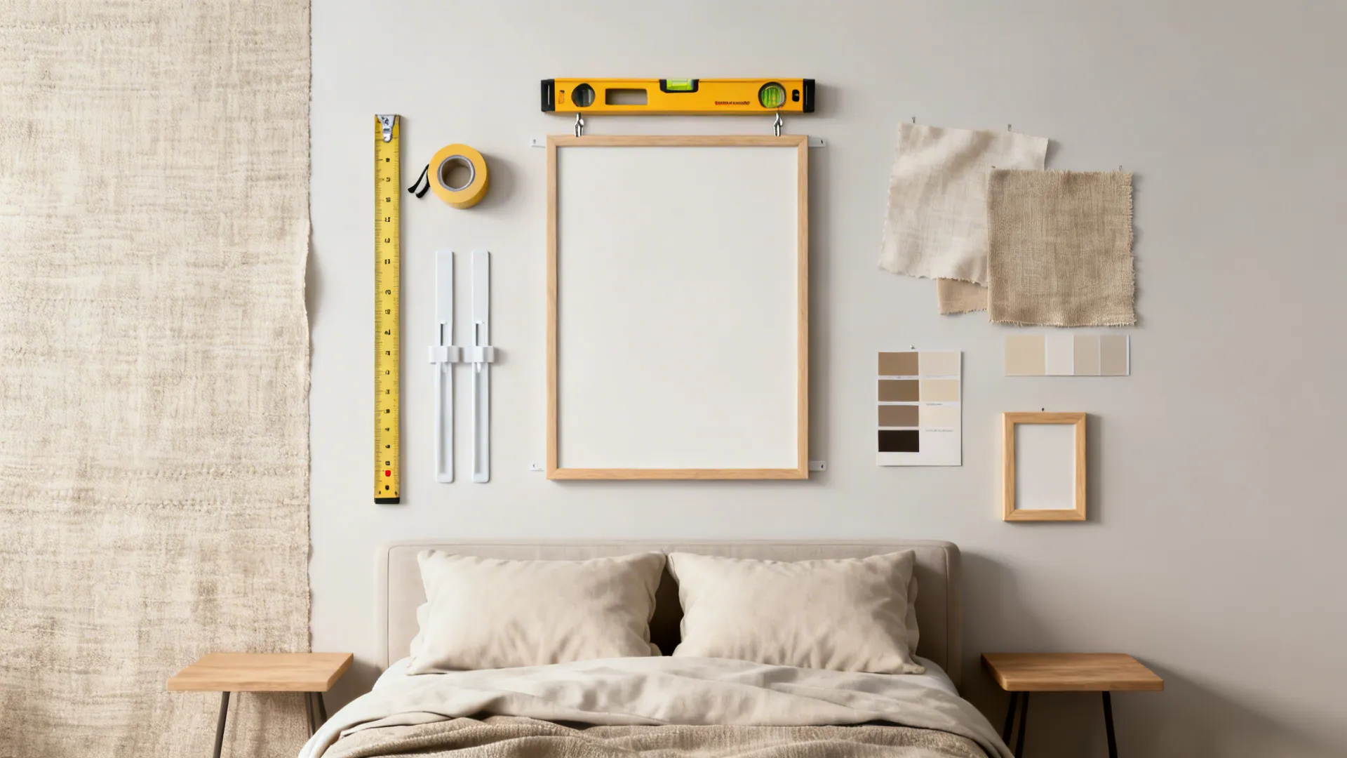 Flatlay of tools and samples for planning art placement above a bed, including tape measure and fabric swatches.