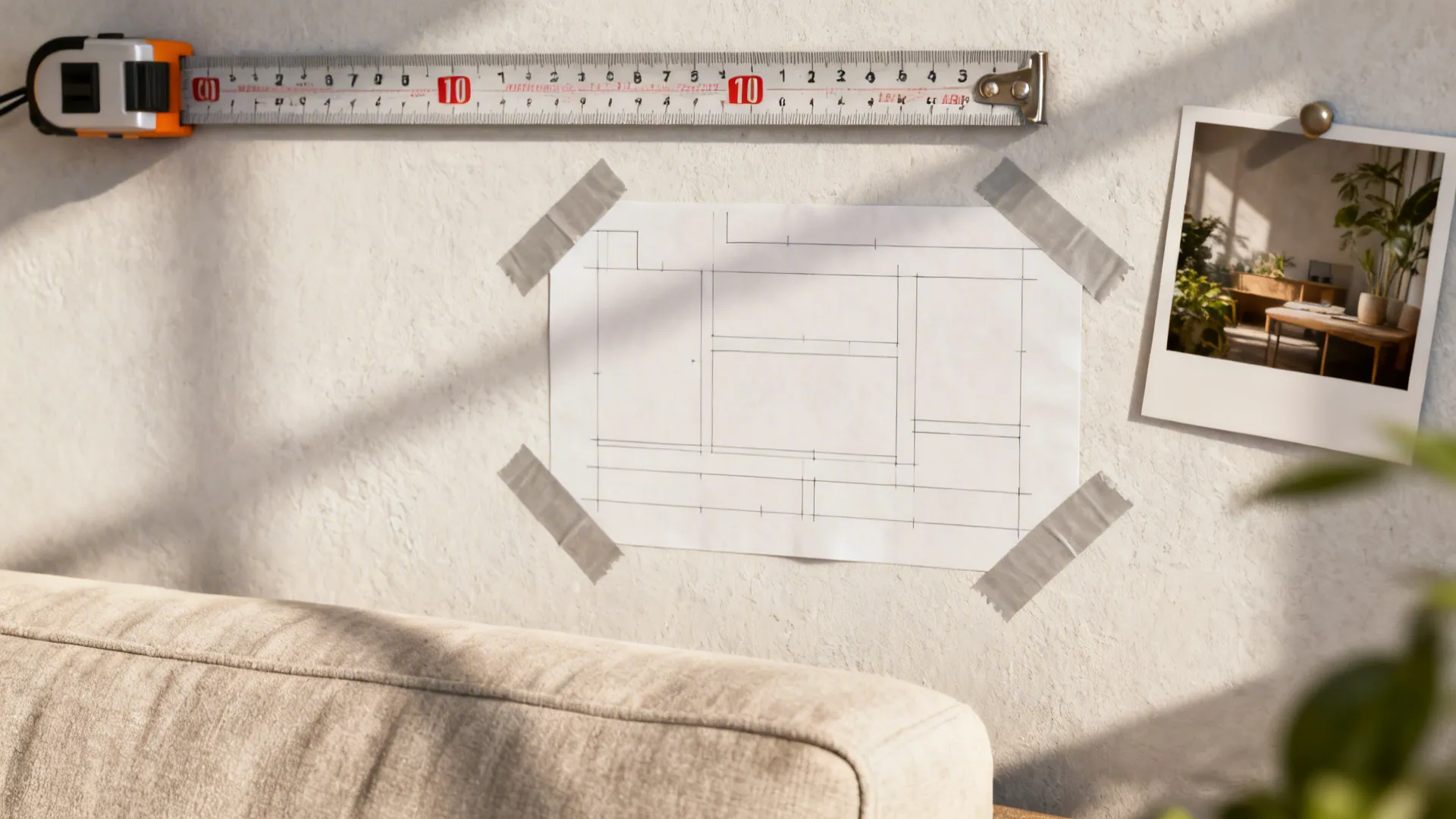 Mockup tools and paper templates for hanging art above a couch, showing measuring tape and taped layouts.